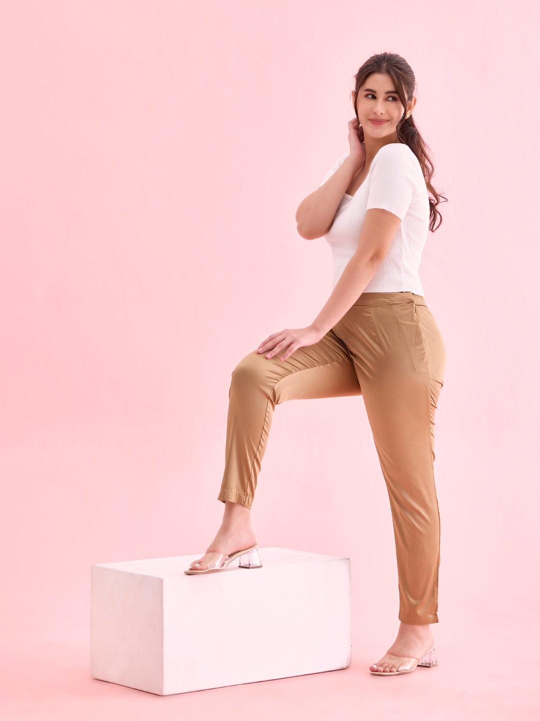 Go Colors Women Solid Mid Rise Deep Gold Shiny Pants - view 4