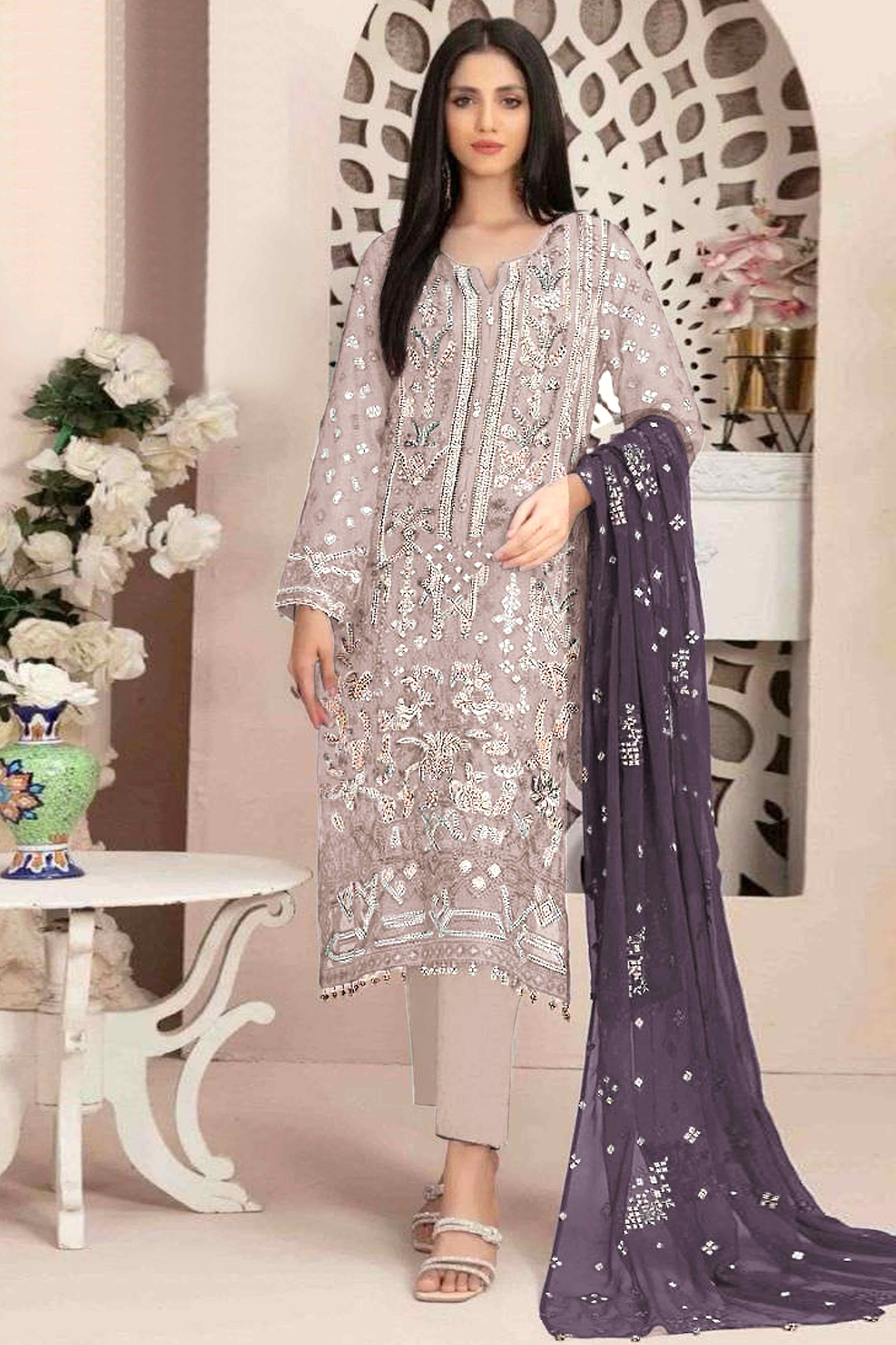 Peachmode Light Coffee Brown Floral Embroidered With Handwork Georgette Semi Stitched Pakistani Suit