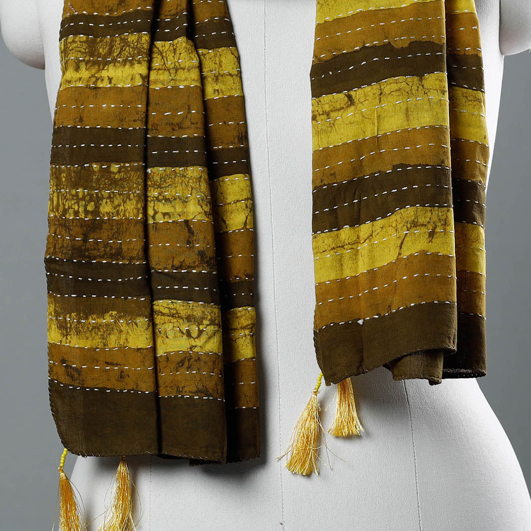 ARTISAN HAND BLOCK PRINTS Brown - Bagru Block Printed Tagai Work Cotton Stole with Tassels - view 2