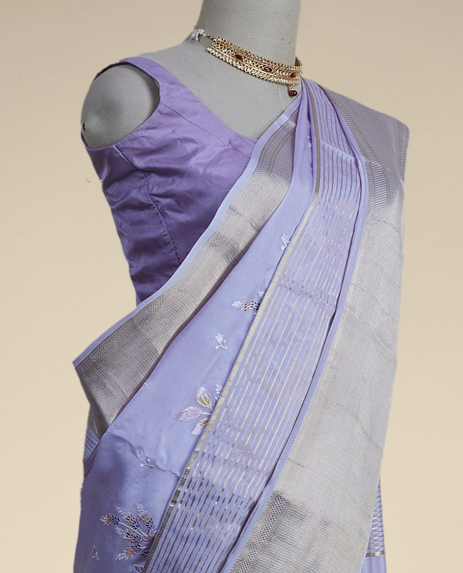 Pothys Lavender floral embroidery mysore silk saree with contrast striped zari bor
