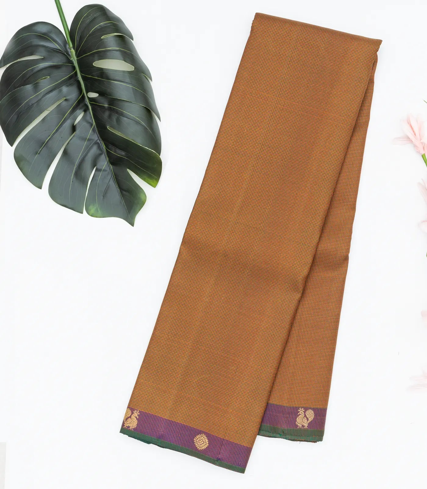 RmKV Brown Handloom Kanchipuram Silk Saree With Checks