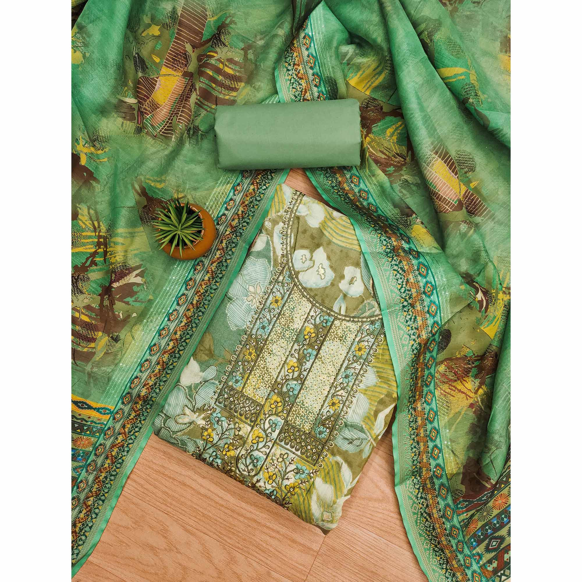 BlackTree green-floral-foil-printed-with-embroidery-modal-cotton-silk-dress-material - view 3