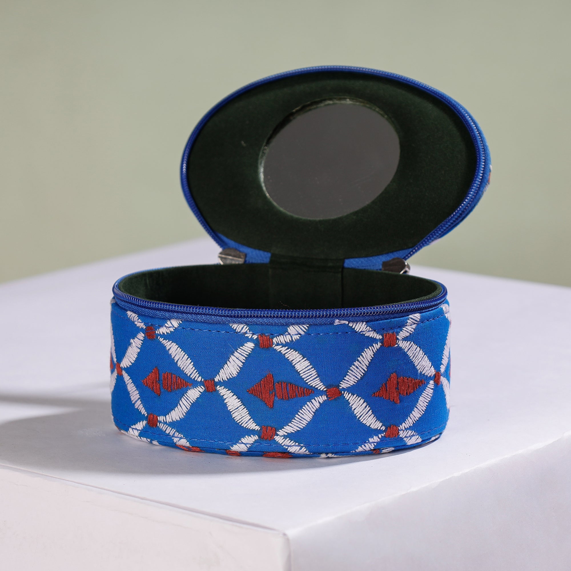 ASALKAAR Blue - Bengal Kantha Work Handcrafted Oval Jewelry Box with Mirror - view 2