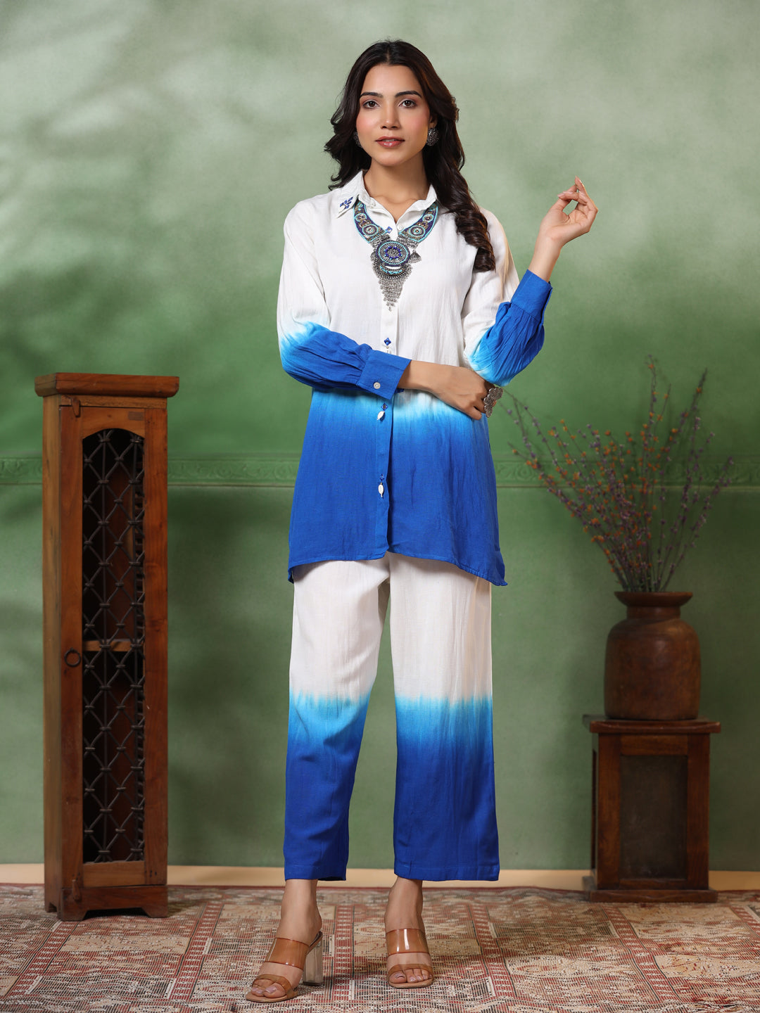 FASHOR Ombre Dyed & Embroidered Straight Fit Co-ord Set with a Neckpiece - Blue - view 4