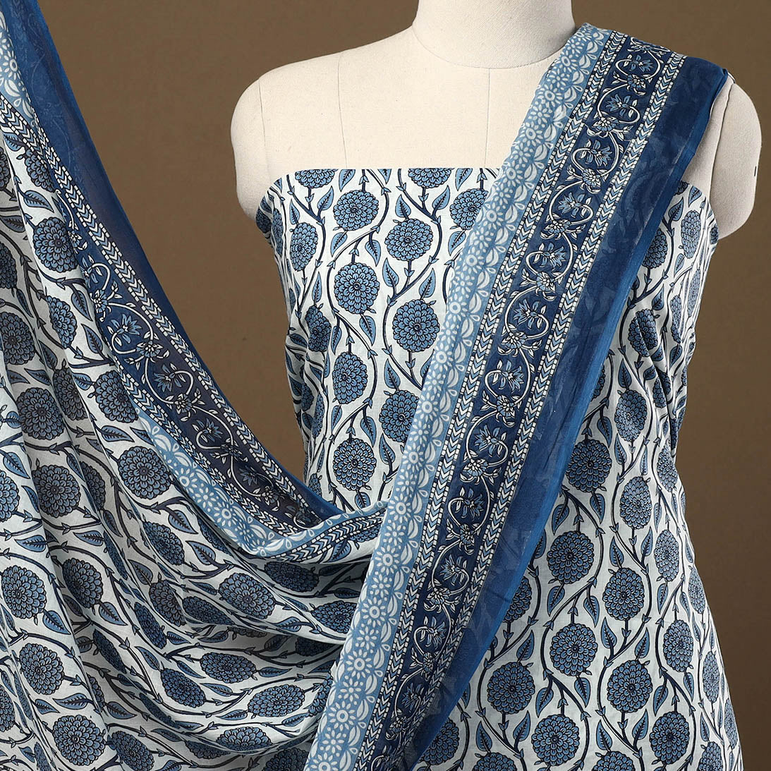 ARTISAN HAND BLOCK PRINTS Blue - 3pc Sanganeri Block Print Cotton Dress Material 09 - view 3