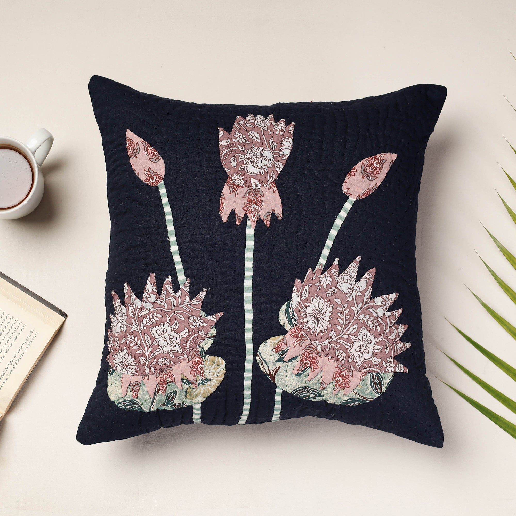 PURKAL STREE SHAKTI SAMITI Black - Applique Quilted Cotton Cushion Cover (16 x 16 in)