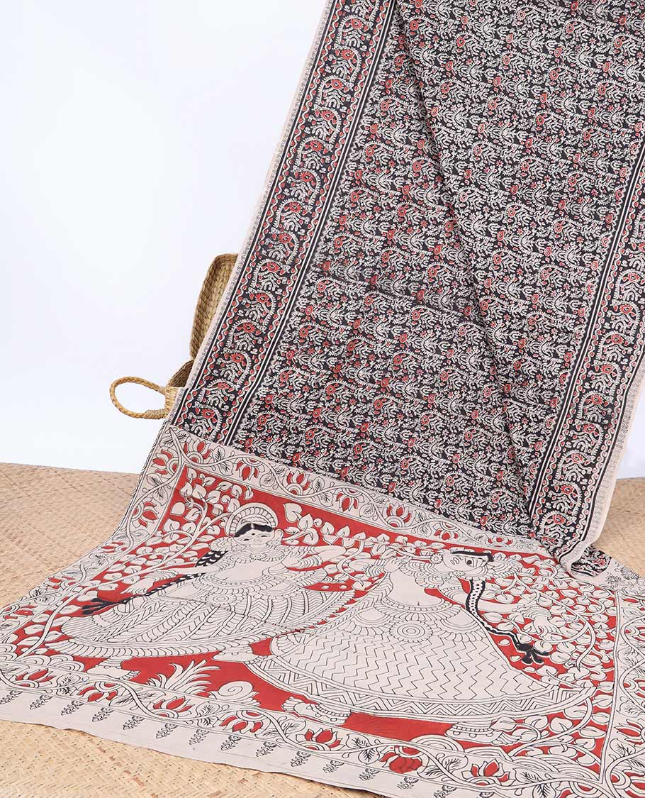 Pothys Black intricately machine-printed kalamkari cotton saree, self-border & human figurines pallu