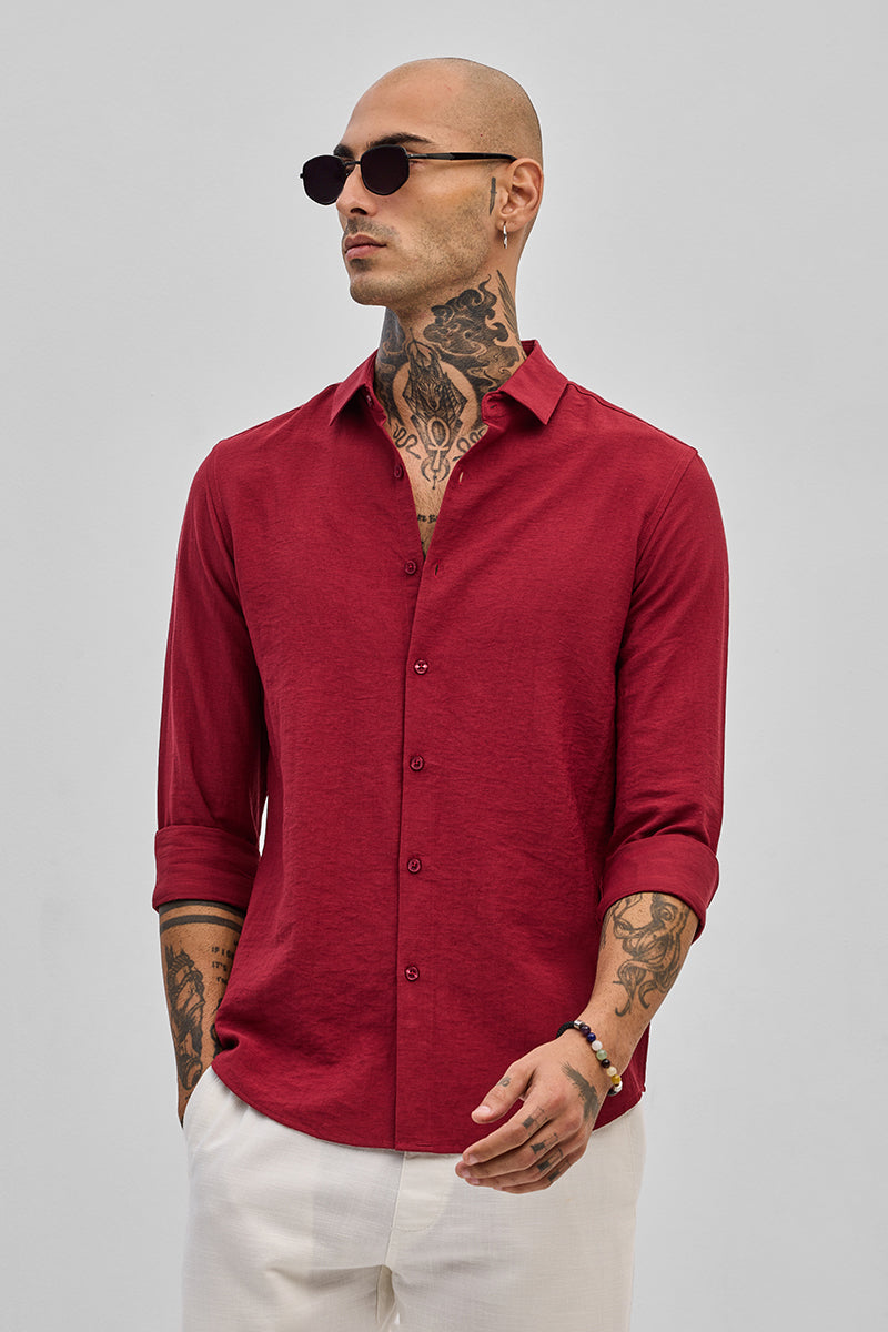 SNITCH Red Slim Fit Linen Shirt