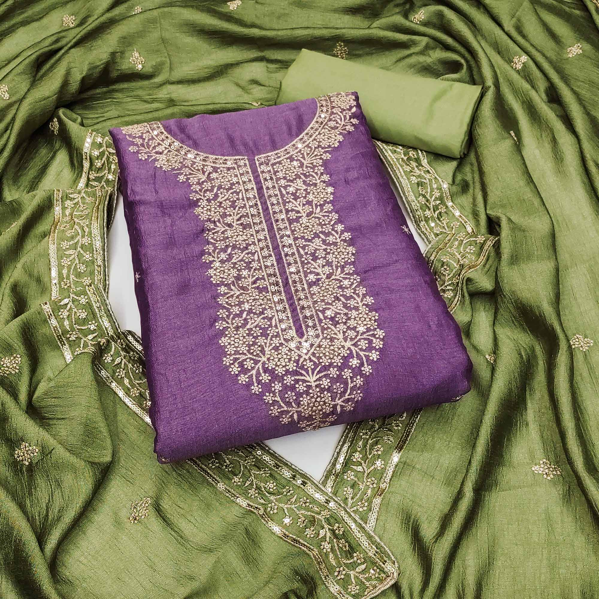 Peachmode Purple Floral Sequins Embroidered Vichitra Silk Dress Material