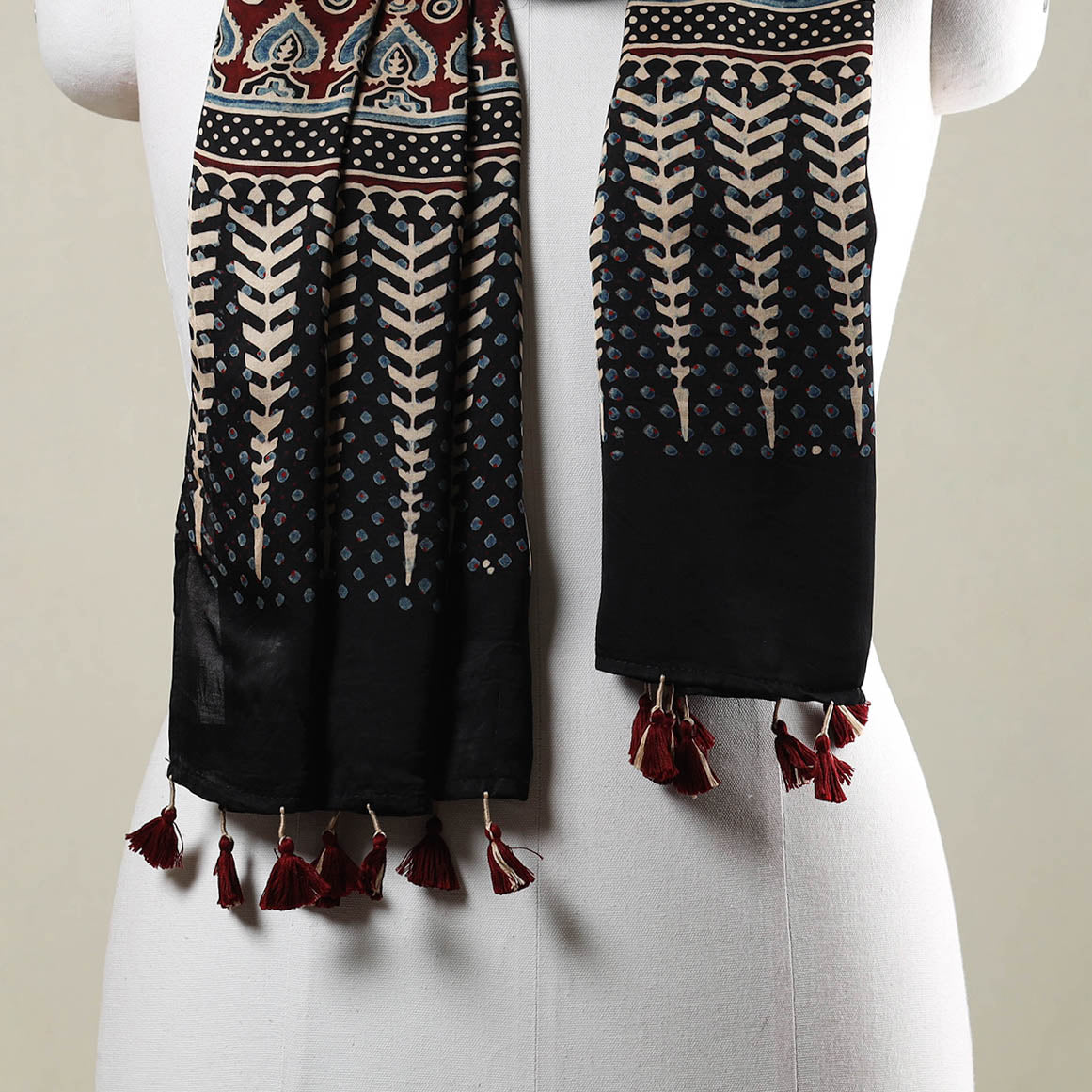 RIYAZ ABDULMAJID KHATRI - AJRAKH Black - Ajrakh Hand Block Printed Modal Silk Stole with Tassels - view 3