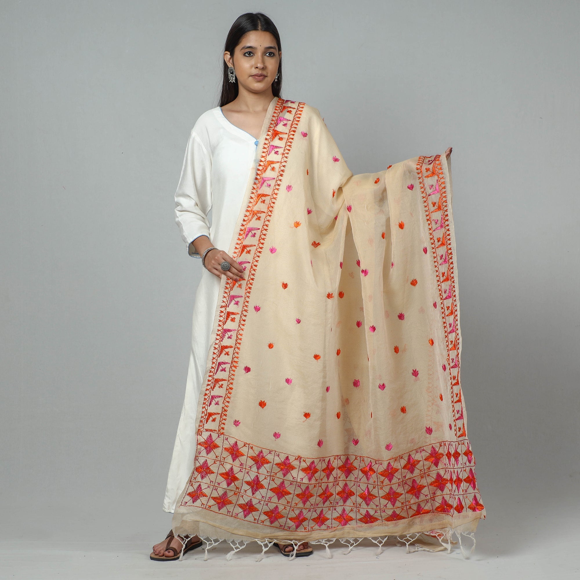 ITOKRI CRAFTS INITIATIVE Beige - Phulkari Hand Embroidery Kota Doria Silk Dupatta with Tassels