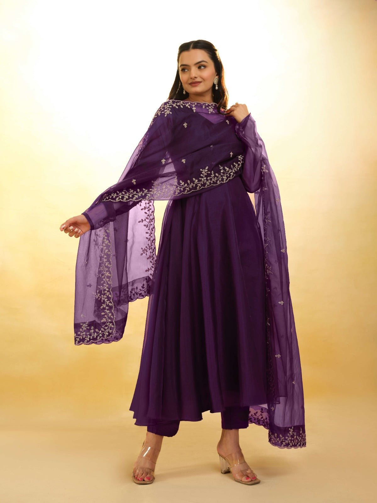ClothsVilla Purple Organza Dress with Intricate Embroidery – Ready to Wear - view 3