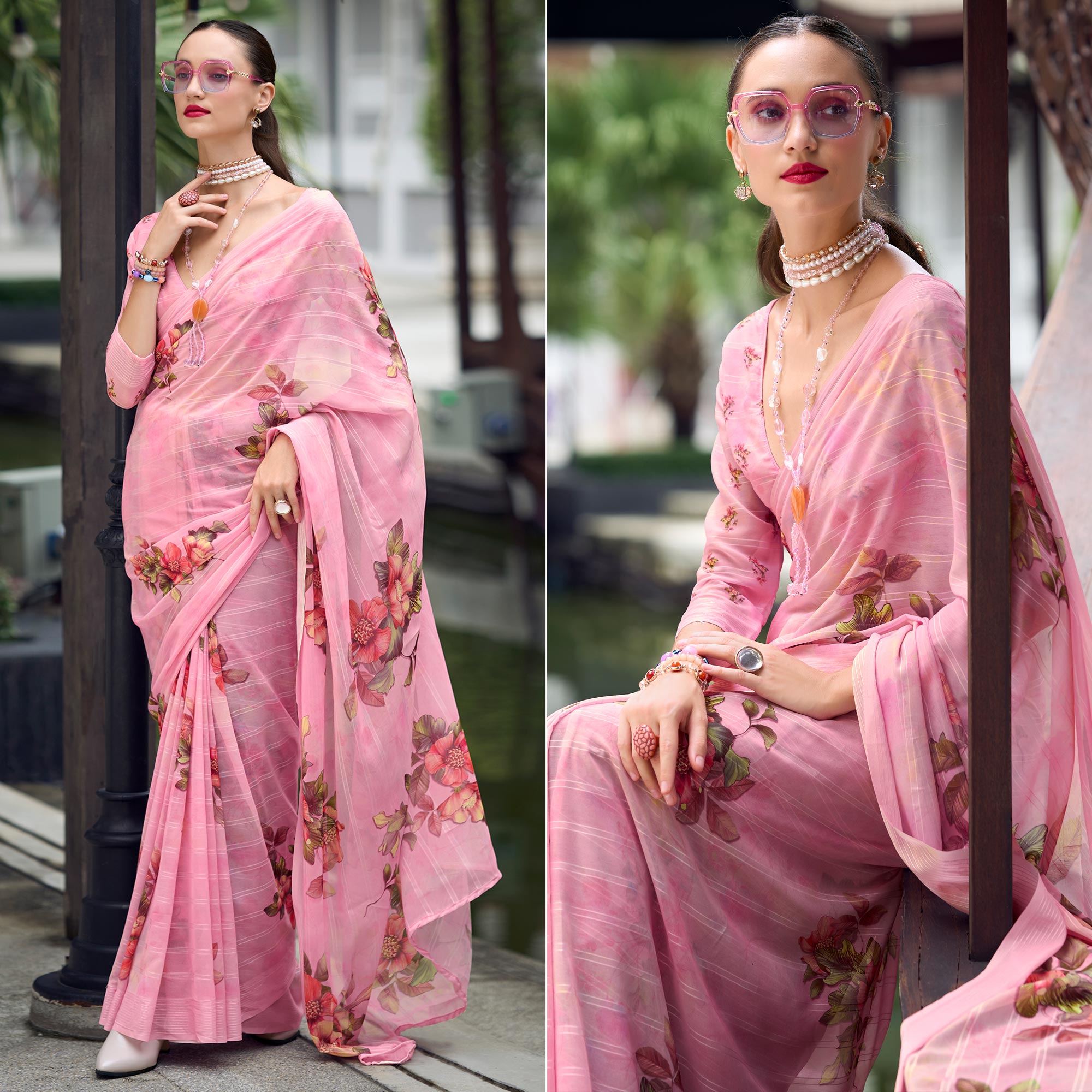 Peachmode Pink Floral Digital Printed Georgette Saree