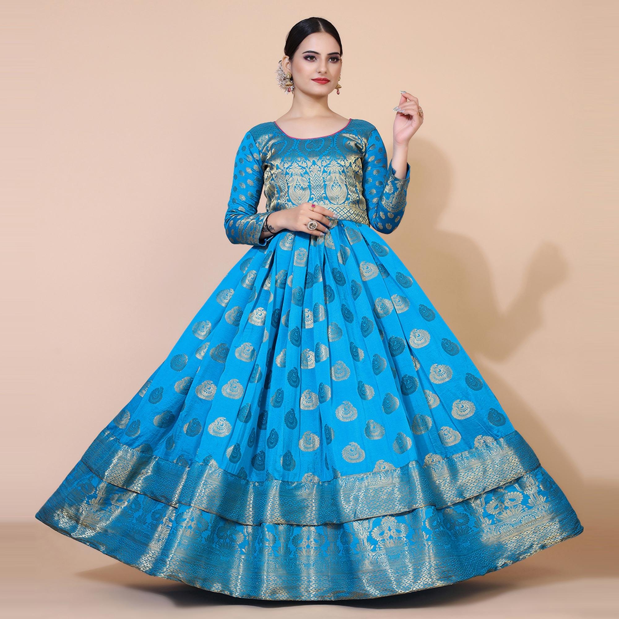 Peachmode Seller Blue Woven Jacquard Anarkali Style Gown