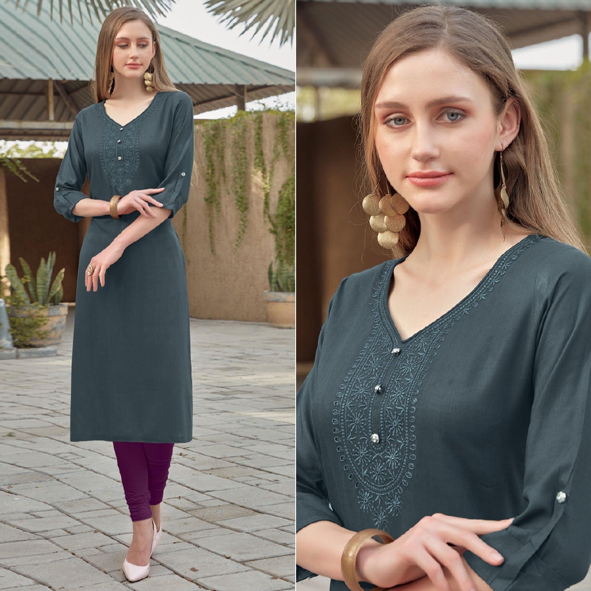 Peachmode Seller Grey Sequins Embroidered Rayon Kurti