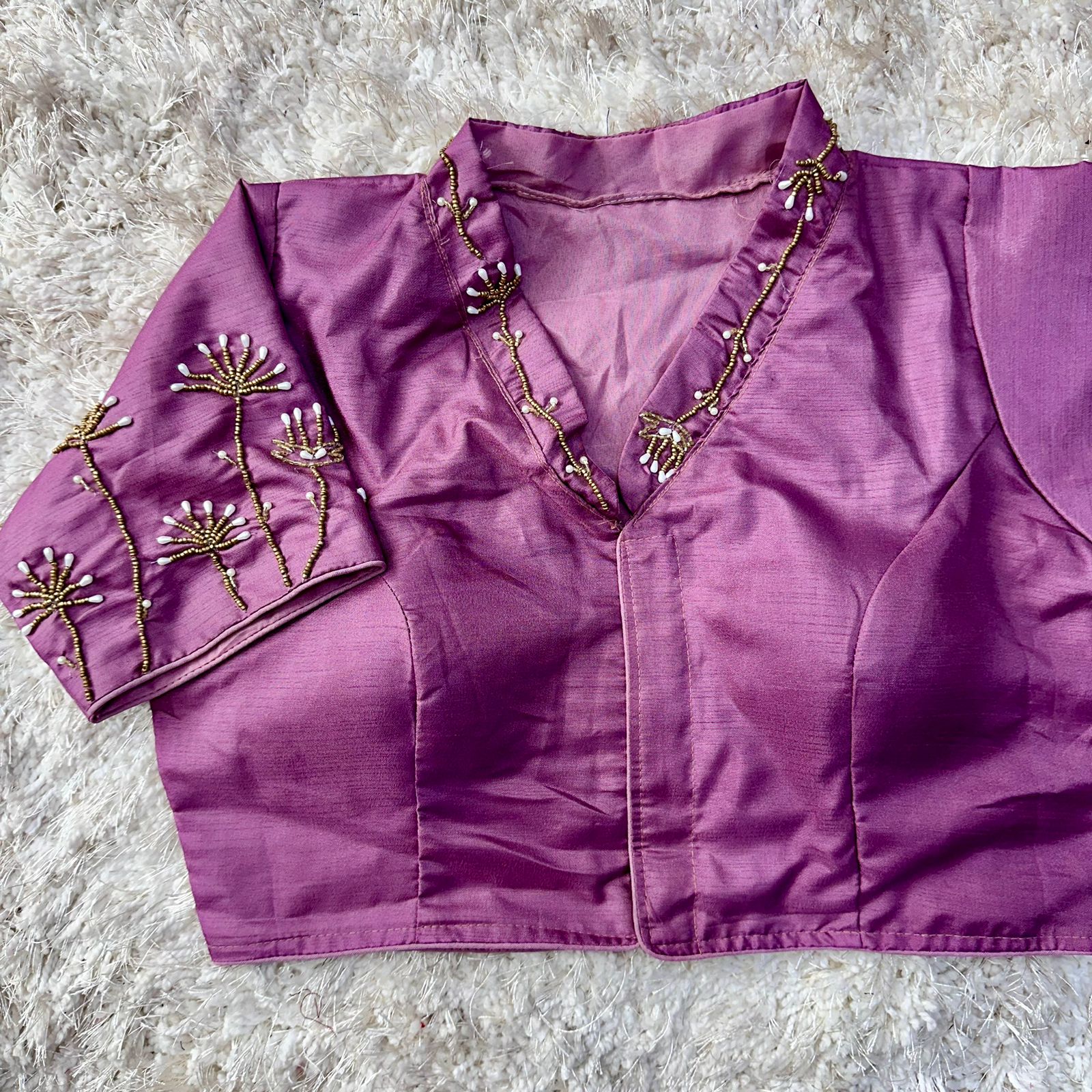 ClothsVilla Purple Pista Silk Blouse with Handwork and Designer Handcrafted Collar