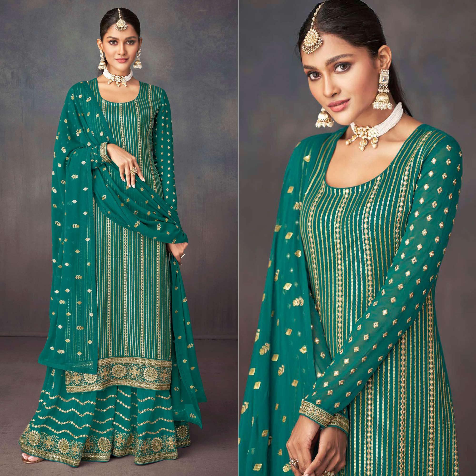 Green suits – BlackTree green-embroidered-georgette-sharara-suit-1
