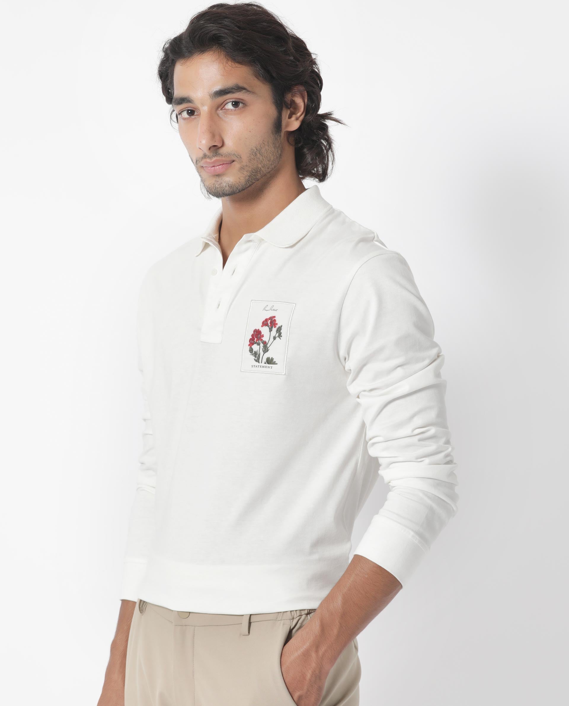 Rare Rabbit Men's Raz Off White Collared Neck Statement Chest Label Full Sleeve Polo T-Shirt - view 8