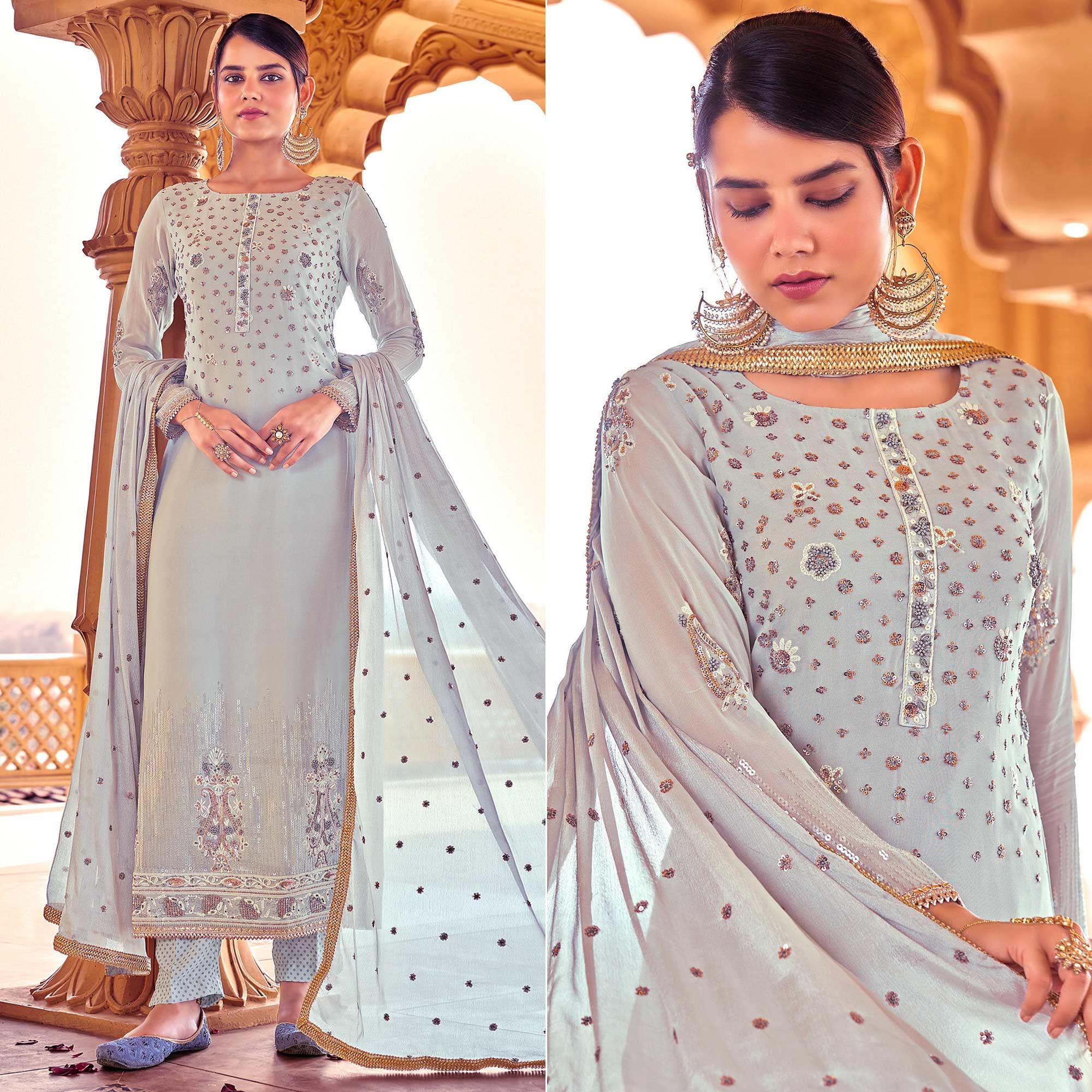 Peachmode Light Grey Sequins Embroidered Georgette Suit