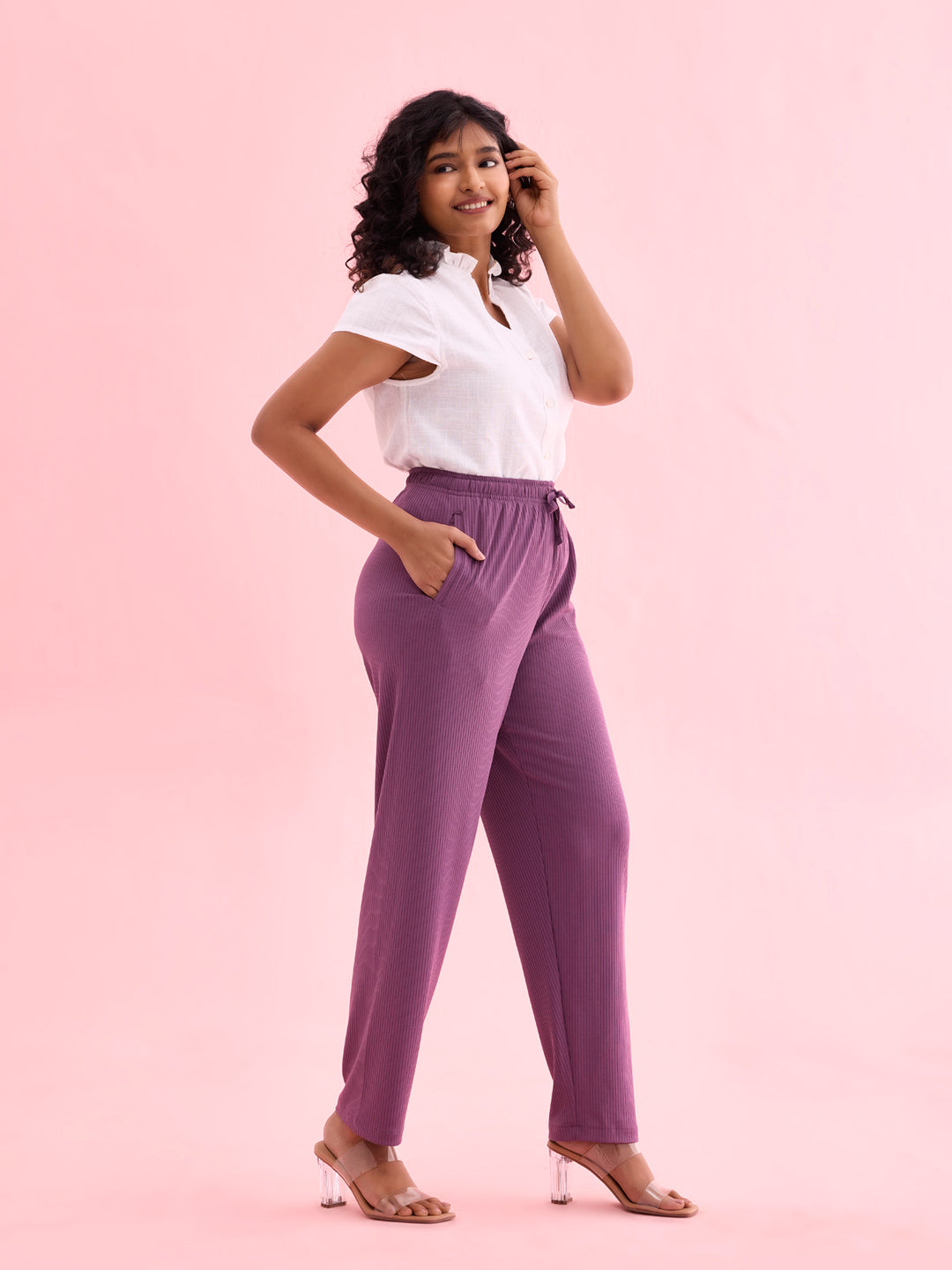 Go Colors Women Solid Purple Mid Rise Casual Rib Pants