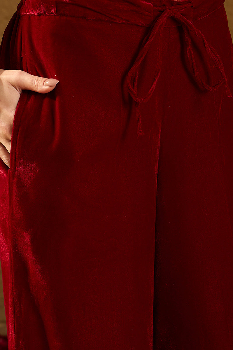 Ahika Red Velvet Solid Embroidered Straight Palazzo Suit Set PKSKD2275 - view 5