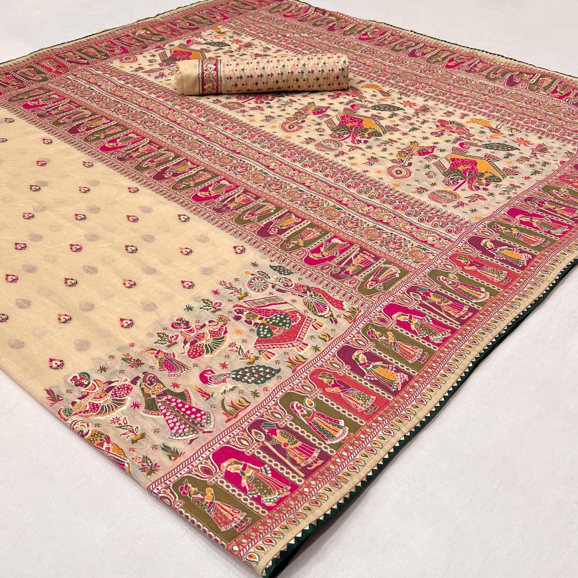 Peachmode Cream Kalamkari Woven Chanderi Saree - view 3