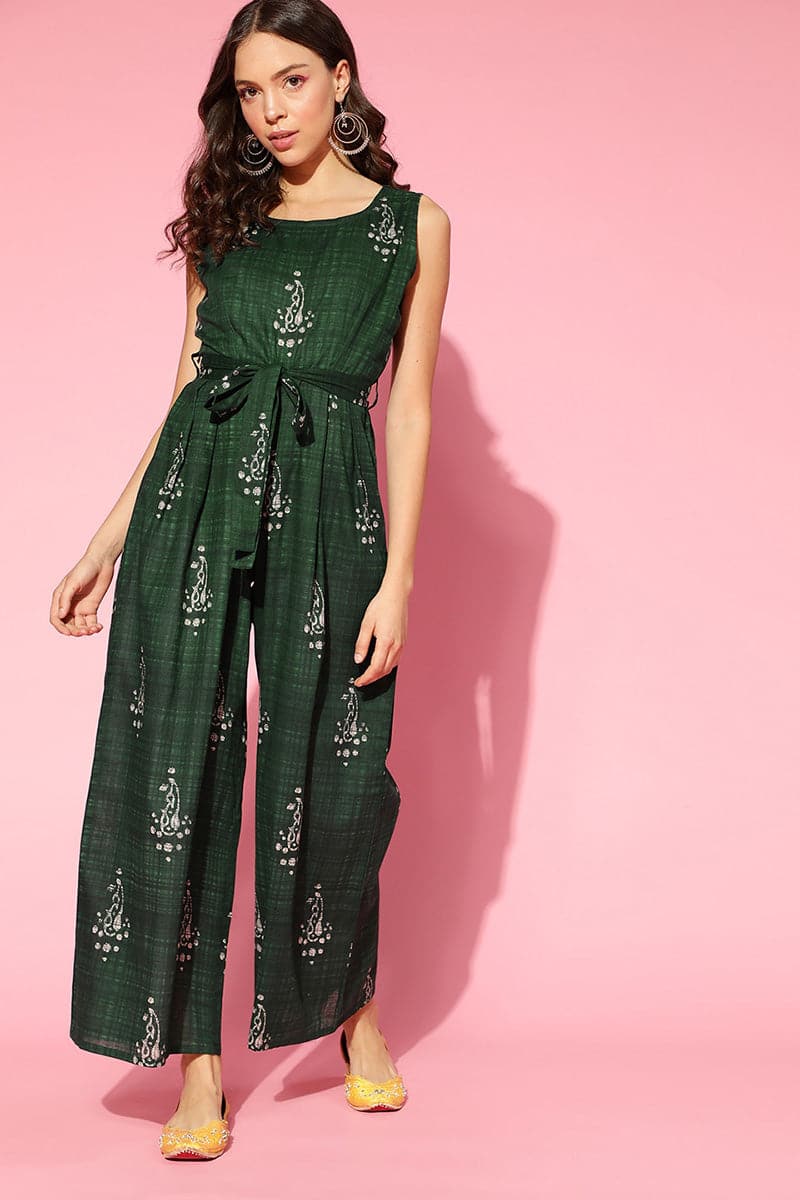 Ahika Green Cotton Sleeveless Ethnic Motifs Jumpsuit VJMP1024