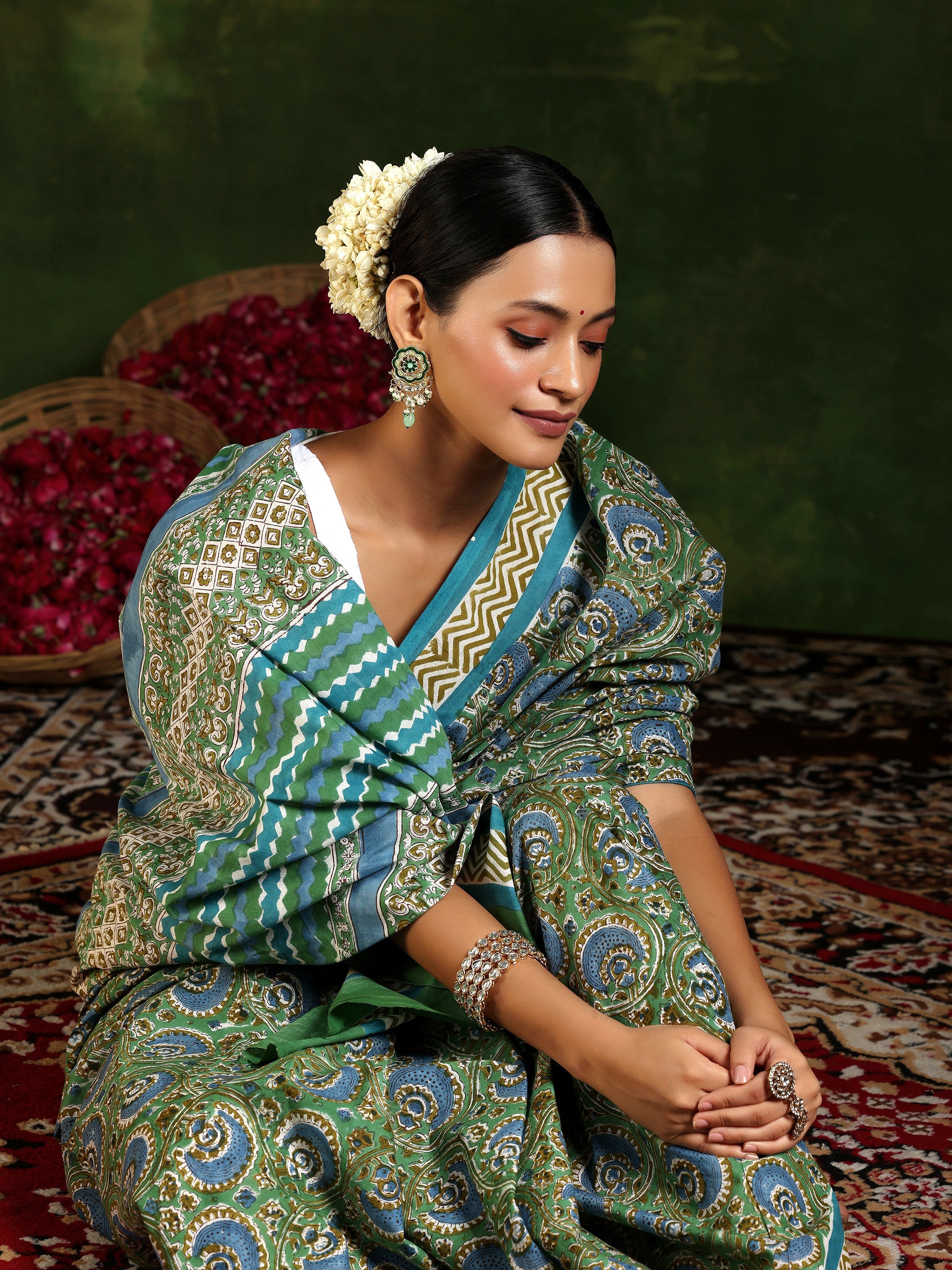 Libas Green Printed Cotton Saree With Unstitched Blouse Piece
