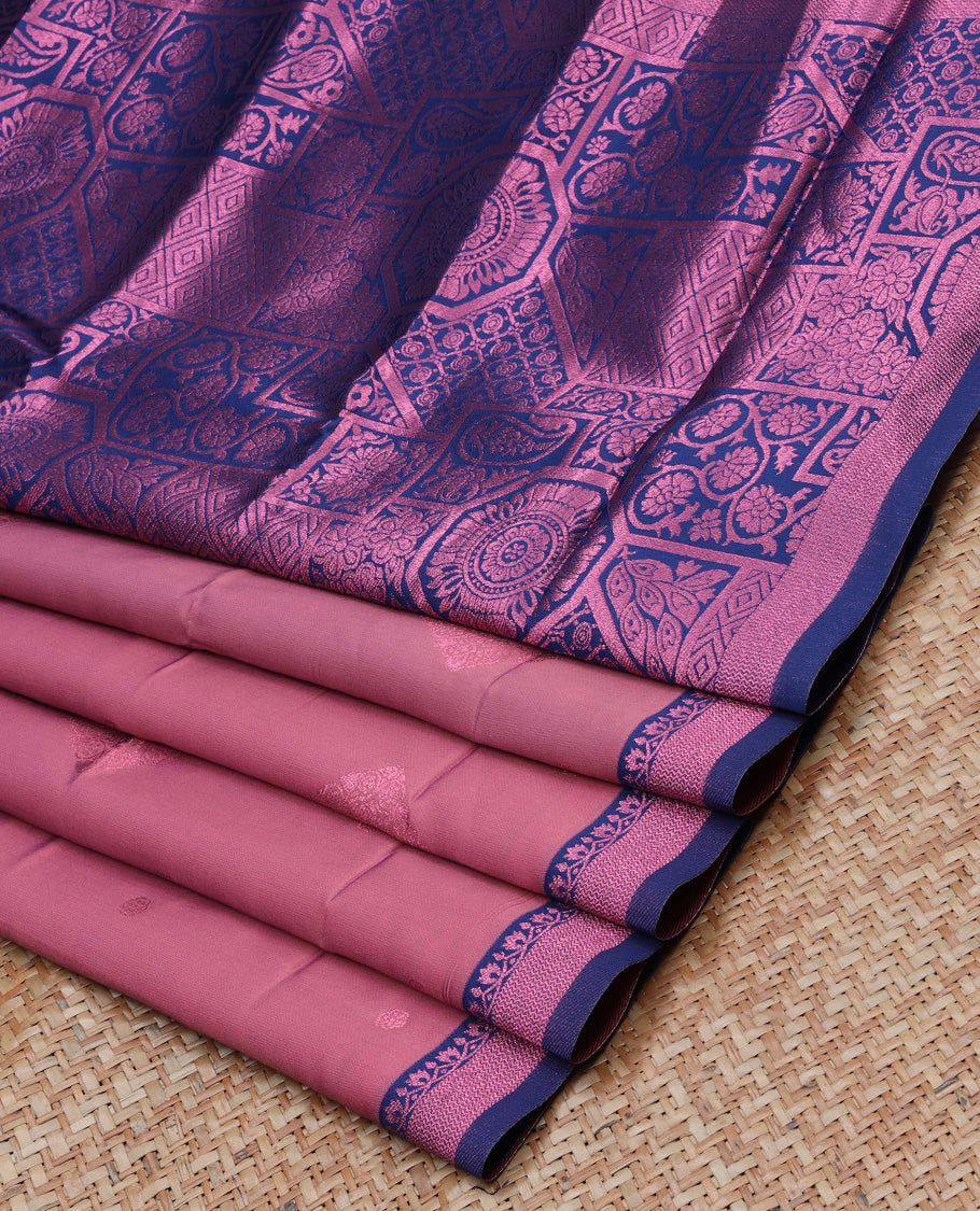 TheShoppothys Pink butter silk with rose copper zari buttas, contrast zari border & pallu elevated with intricate zari designs