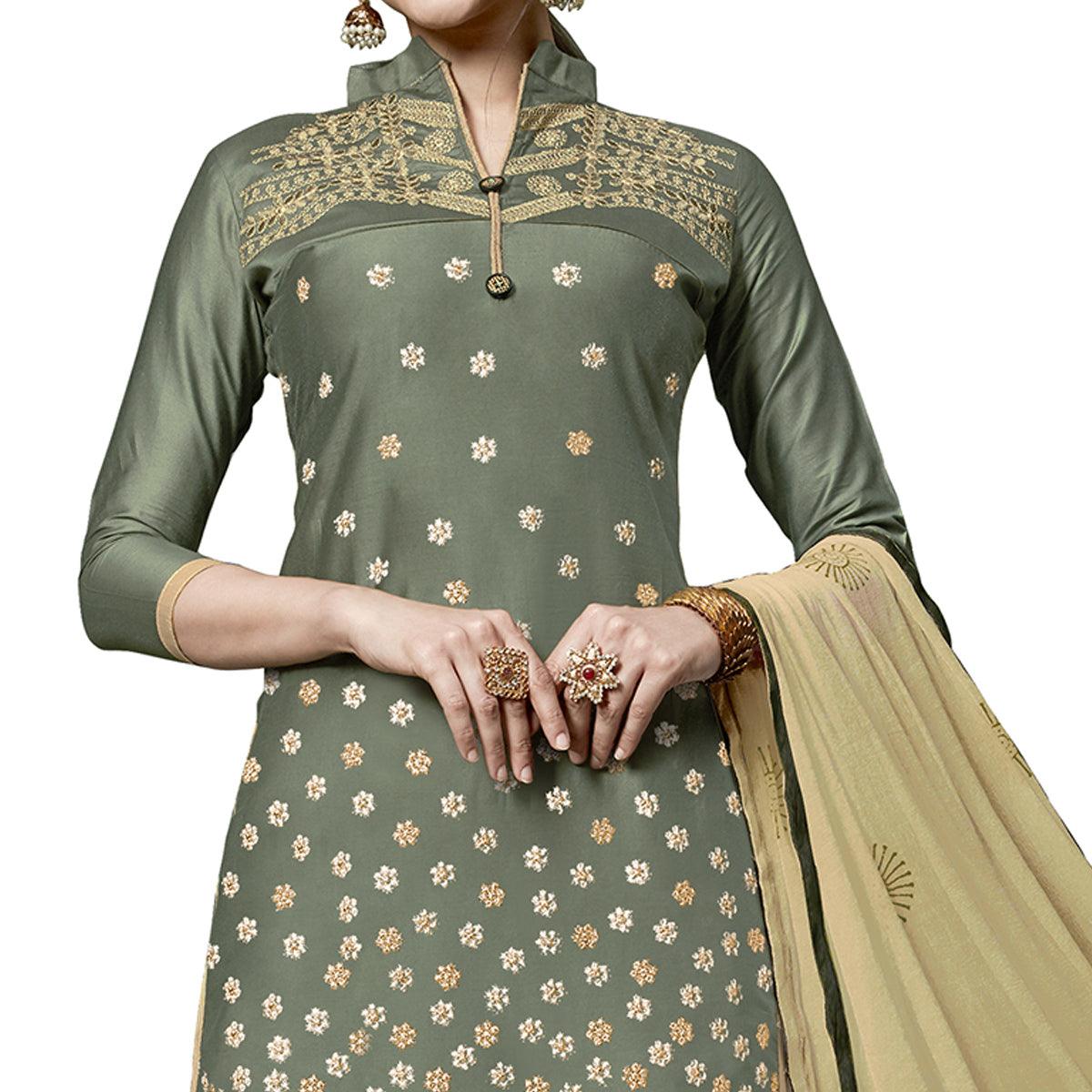 Peachmode Exceptional Olive Green Colored Partywear Embroidered Cotton Dress Material - view 2