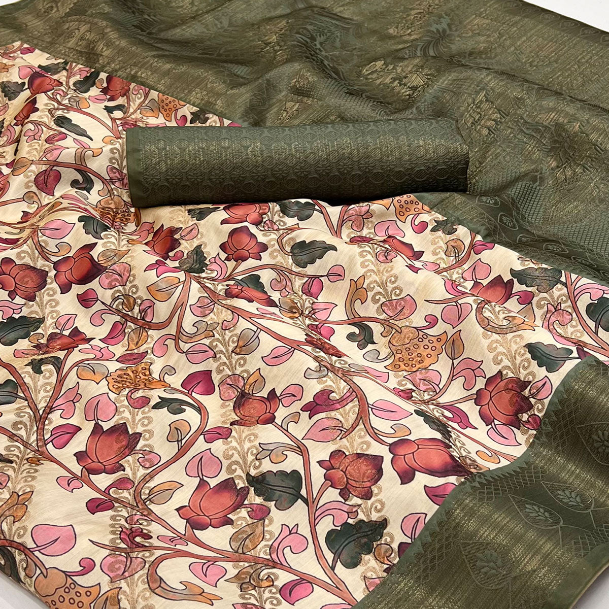 Peachmode Cream Digital Printed Cotton Silk Saree - view 2