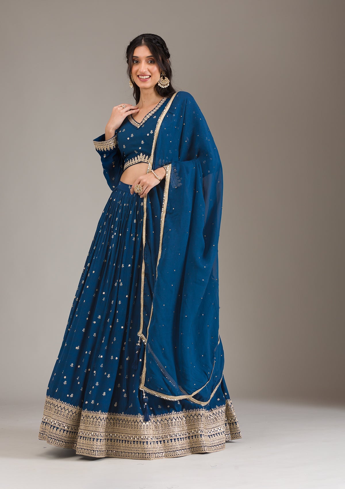 Koskii Peacock Blue Zariwork Georgette Readymade Lehenga