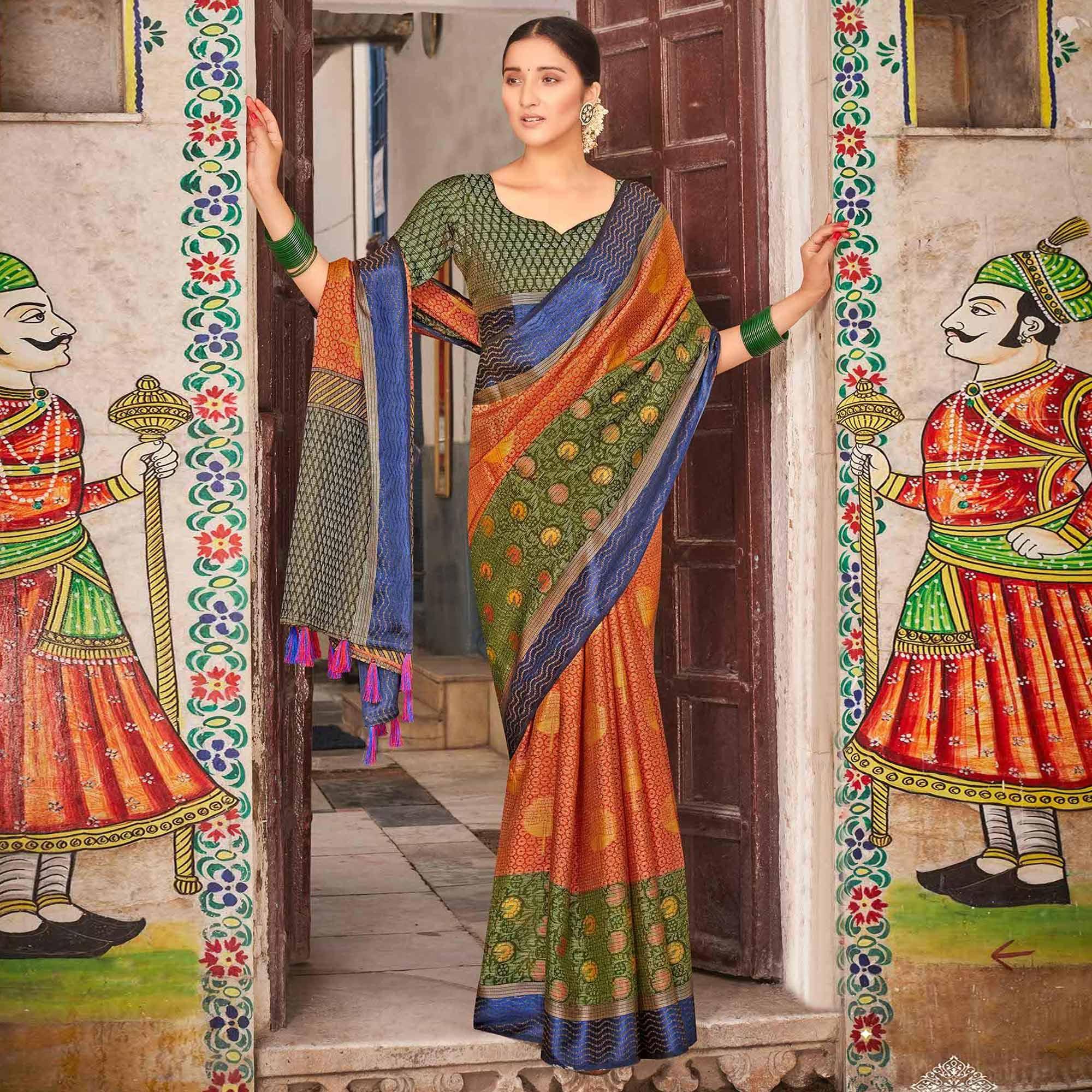 Peachmode Multicolor festive Wear Printed Brasso Saree
