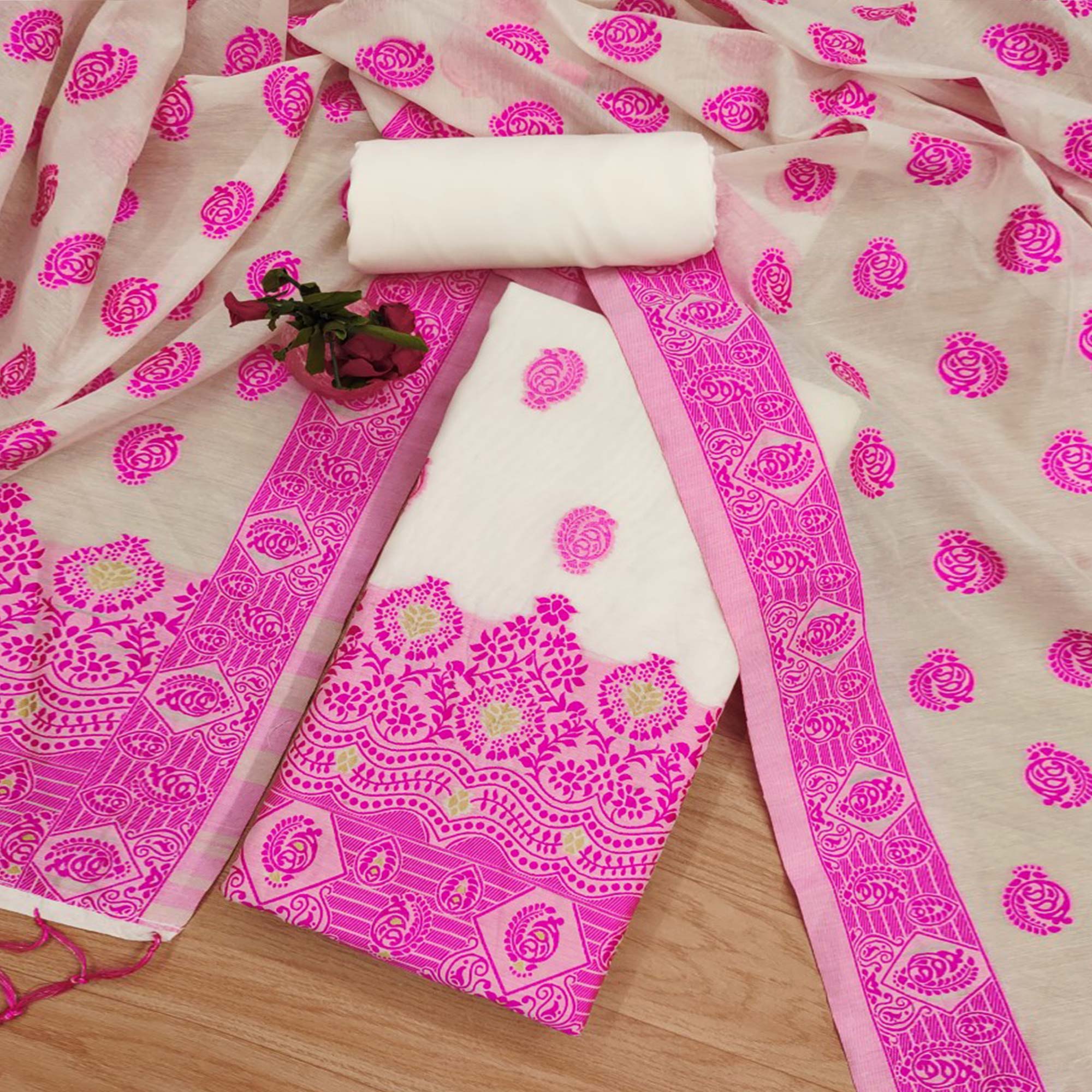 Peachmode Offwhite & Pink Floral Woven Chanderi Dress Material