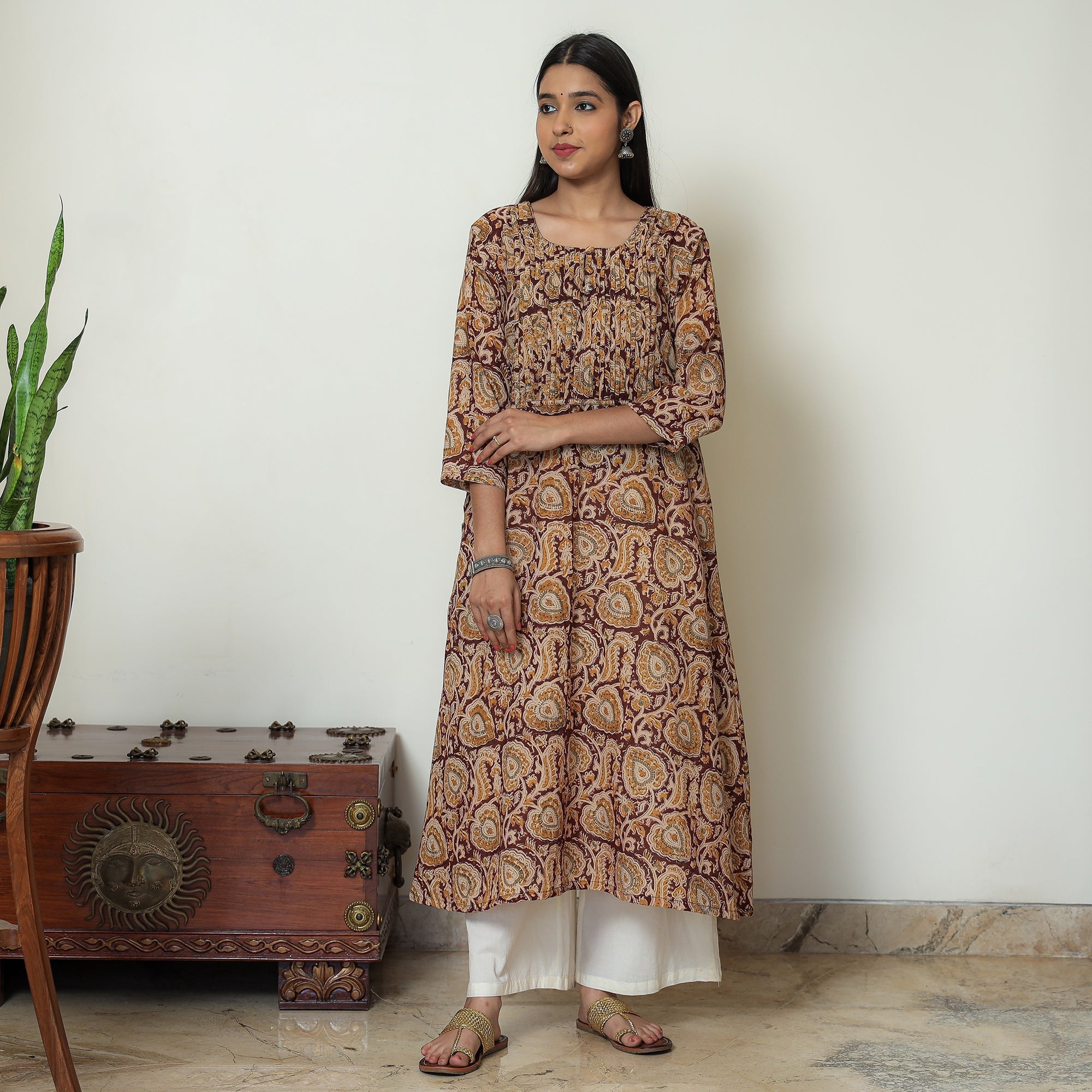 ITOKRI CASUALS Brown - Kalamkari Hand Block Printed Mul Cotton Pintuck A-Line Kurta 03 - view 3