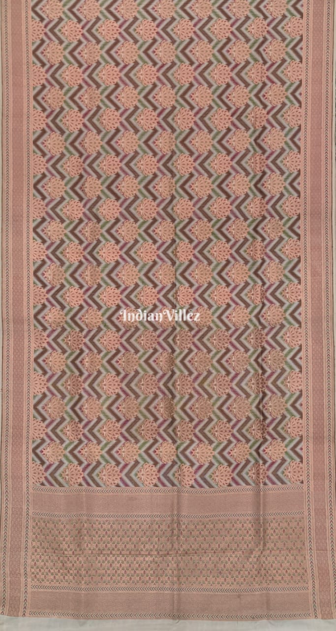 IndianVillèz Beige Floral Brocade Banarasi Handloom Silk Saree