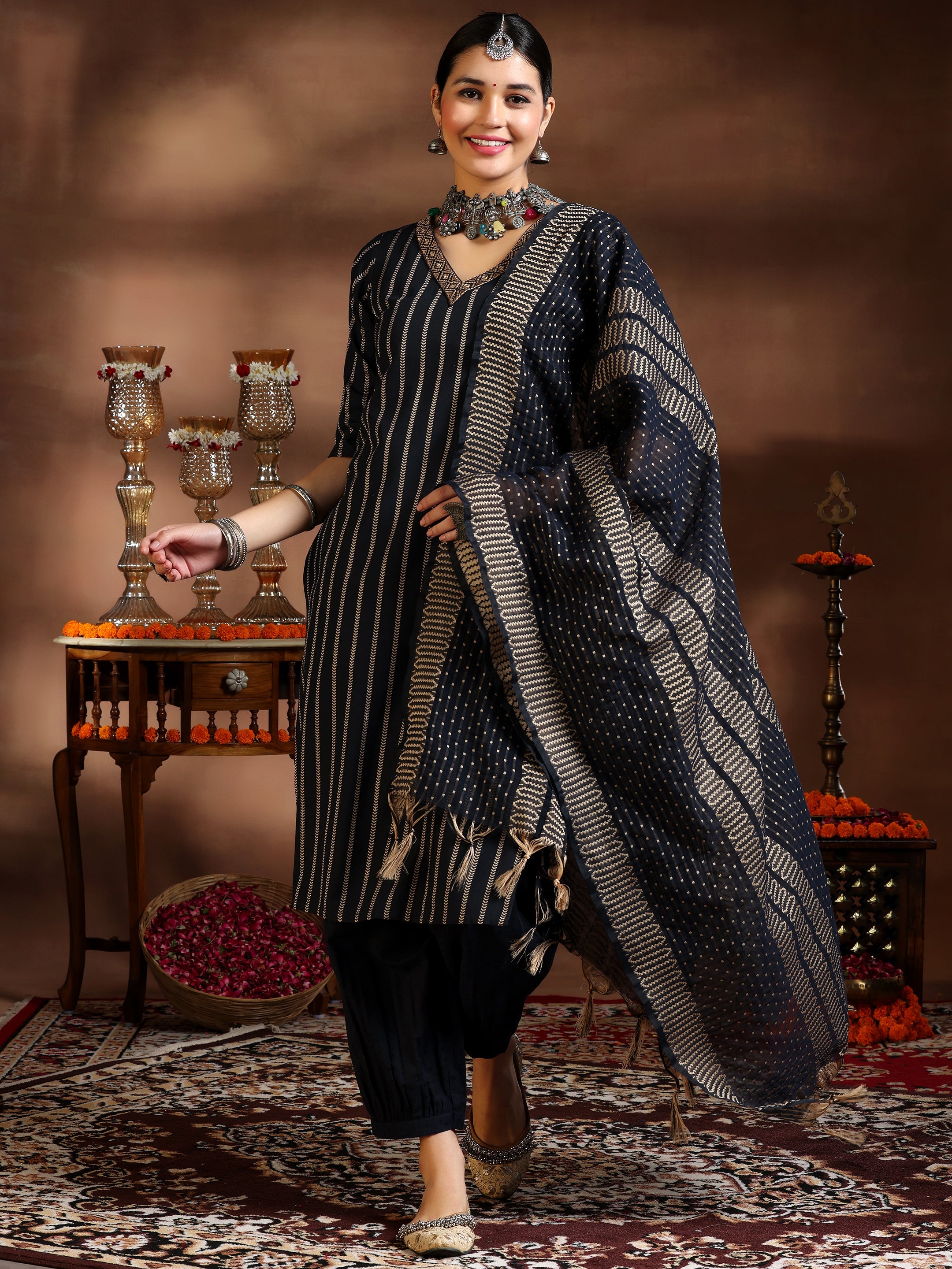 Libas Black Woven Design Cotton Blend Straight Suit With Dupatta