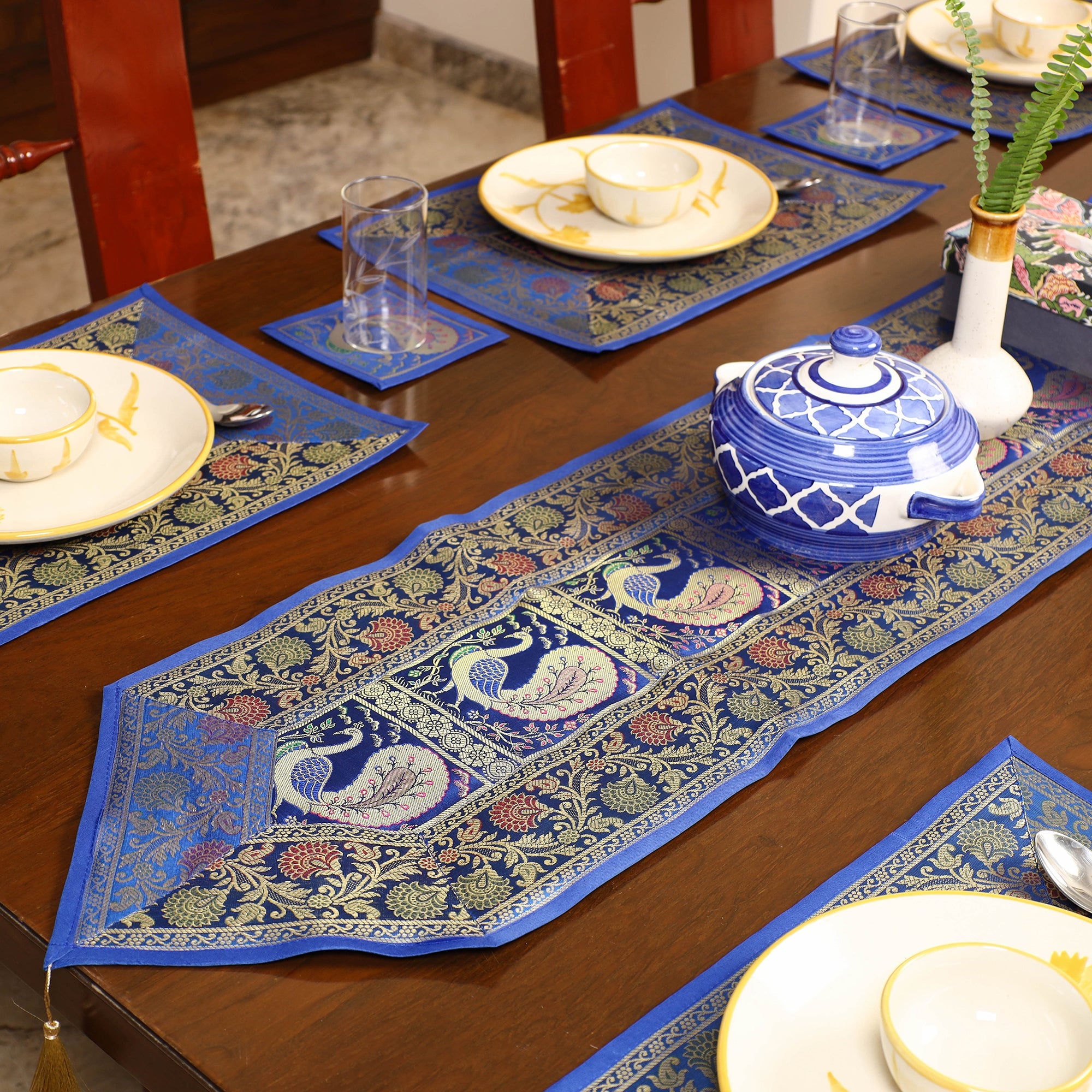 ITOKRI CRAFTS INITIATIVE Blue - Banarasi Silk Brocade 13pc Dining Table Runner Set 04 - view 2