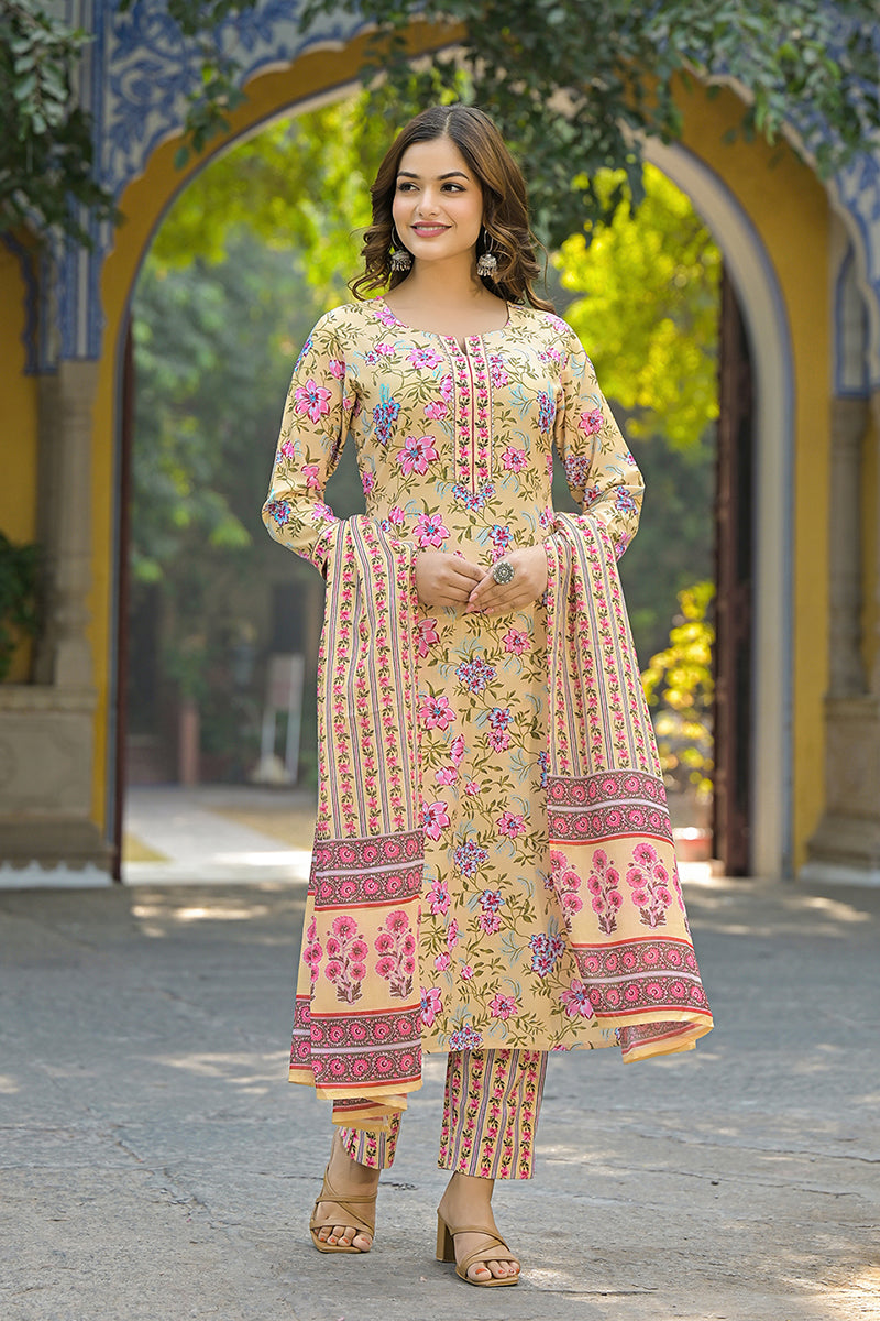 Ahika Yellow Rayon Blend Floral Printed Straight Suit Set VKSKD2314 - view 2