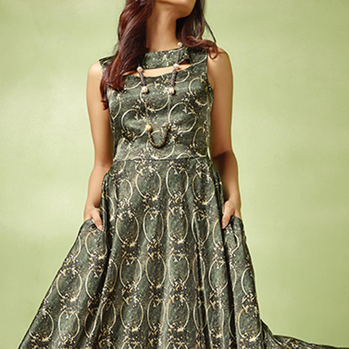 Peachmode Dark Gray-Green Printed Satin Gown - view 2
