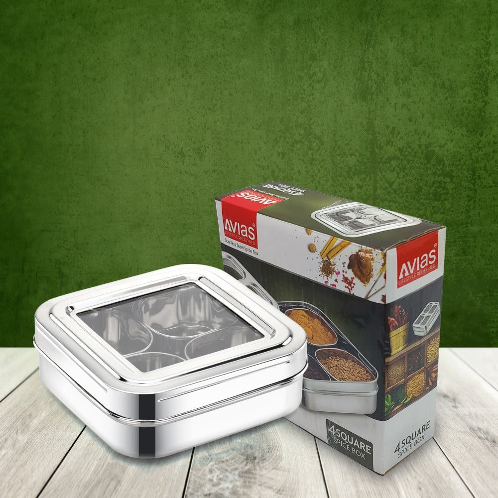 AVIAS Square Stainless Steel Spice Box with See-Through Glass Lid | 4 Compartments and 1 Spoon | Silver - view 6