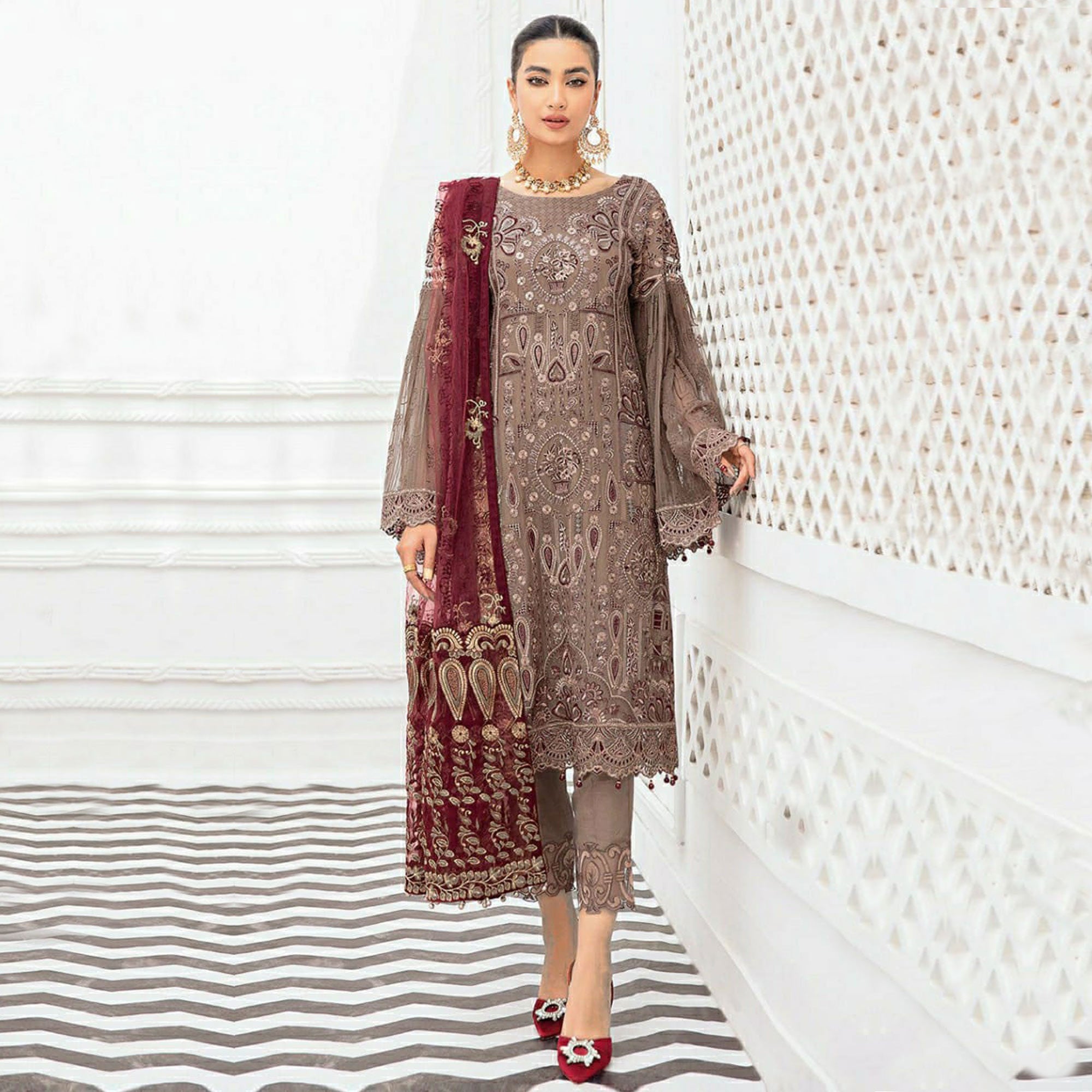 Peachmode Brown Floral Embroidered Georgette Pakistani Suit - view 2