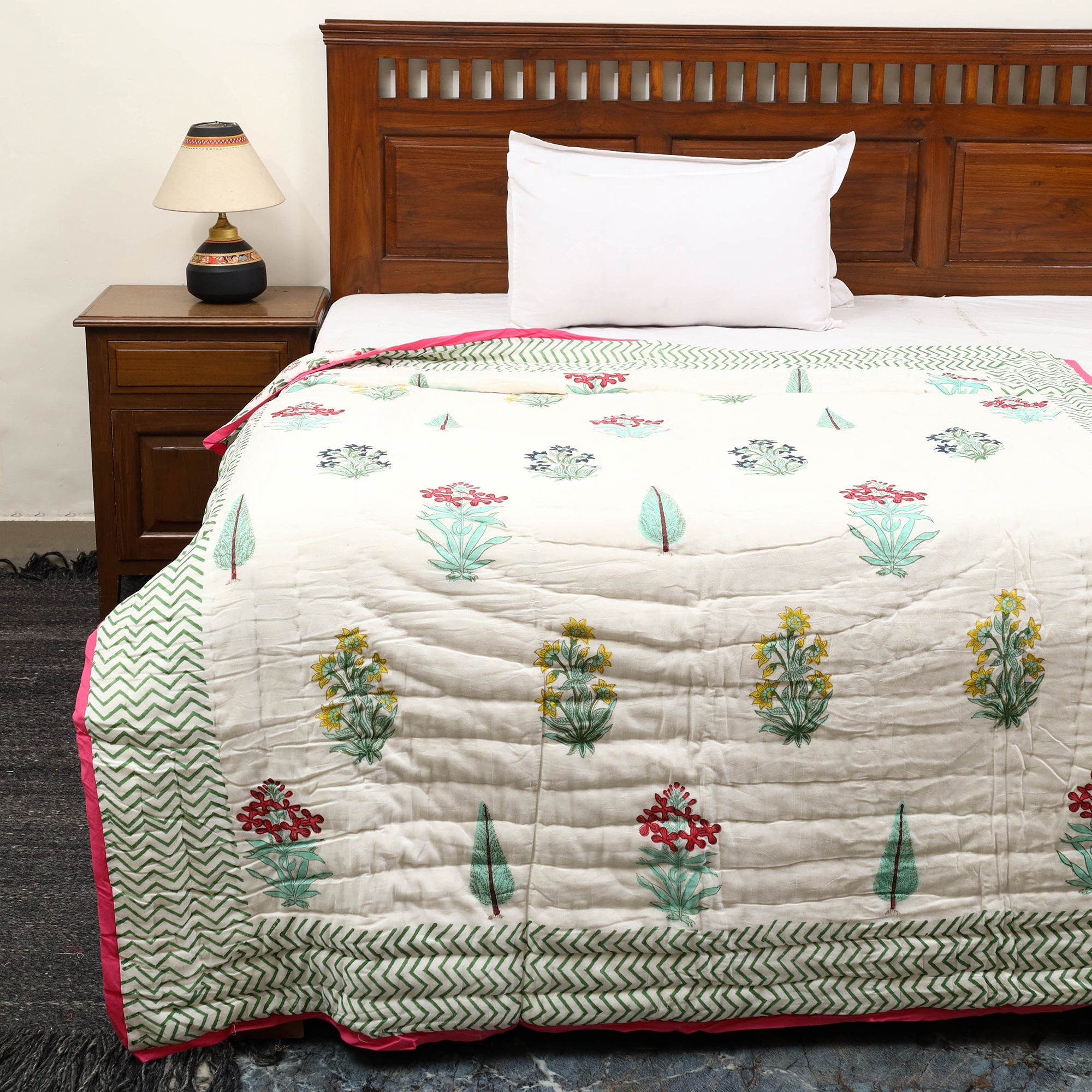 ARTISAN HAND BLOCK PRINTS Beige - Sanganeri Reversible Single Soft Cotton Quilt/Blanket 01