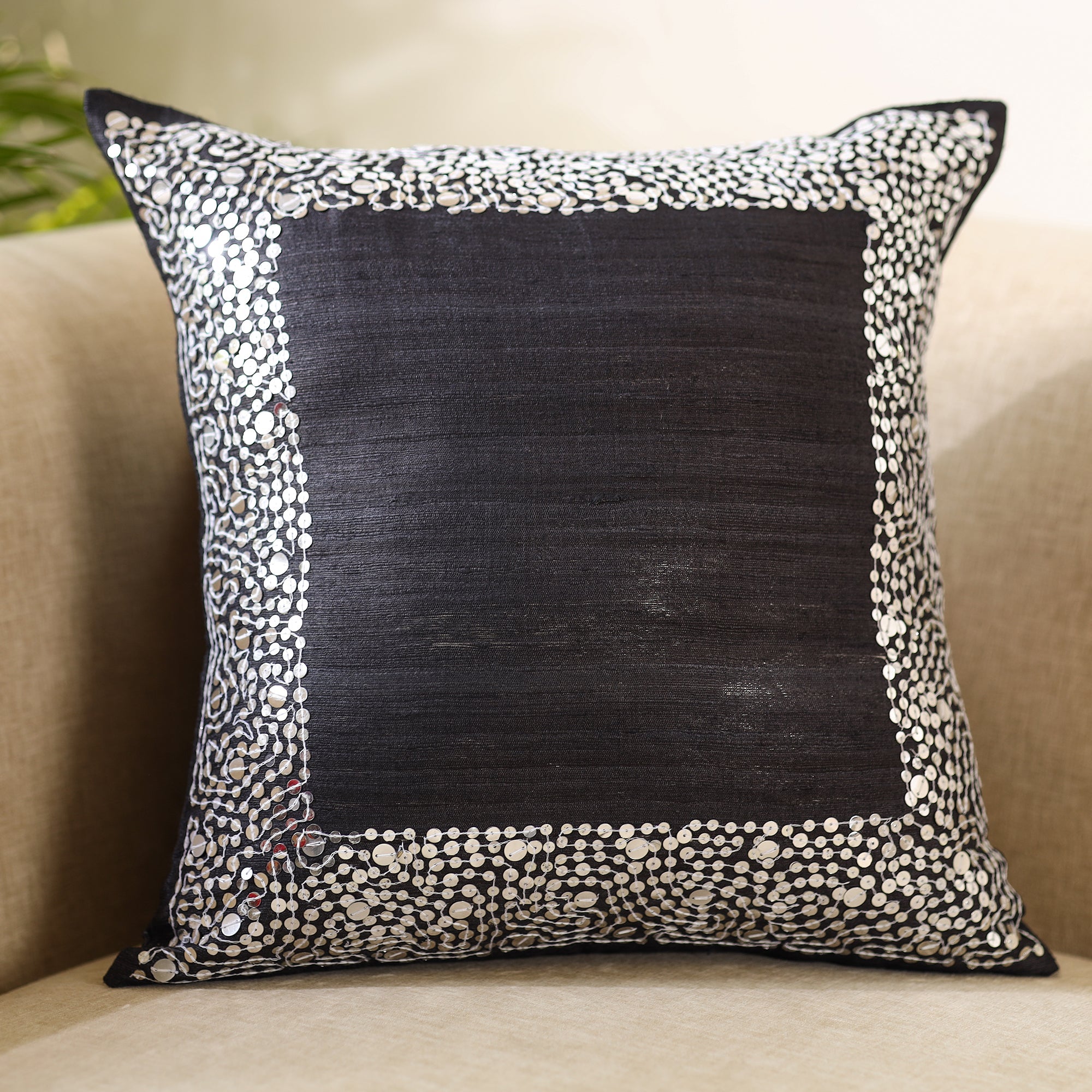 CHHATTISGARH HASTSHILP VIKAS BOARD Black - Aari Embroidery Sequin Work Ghicha Silk Cushion Cover (16 x 16 in) - view 2