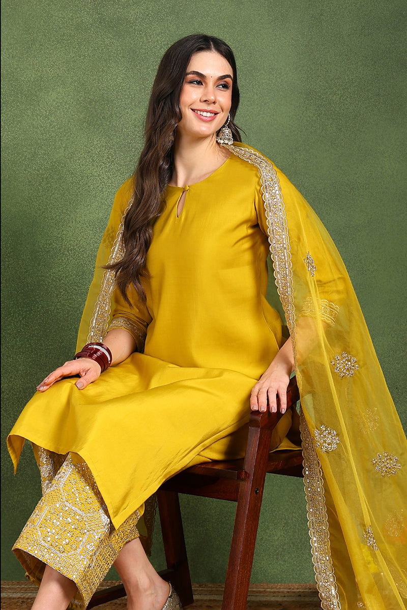 Ahika Yellow Silk Blend Solid Straight Suit Set With Palazzo Style Bottom PKSKD2742