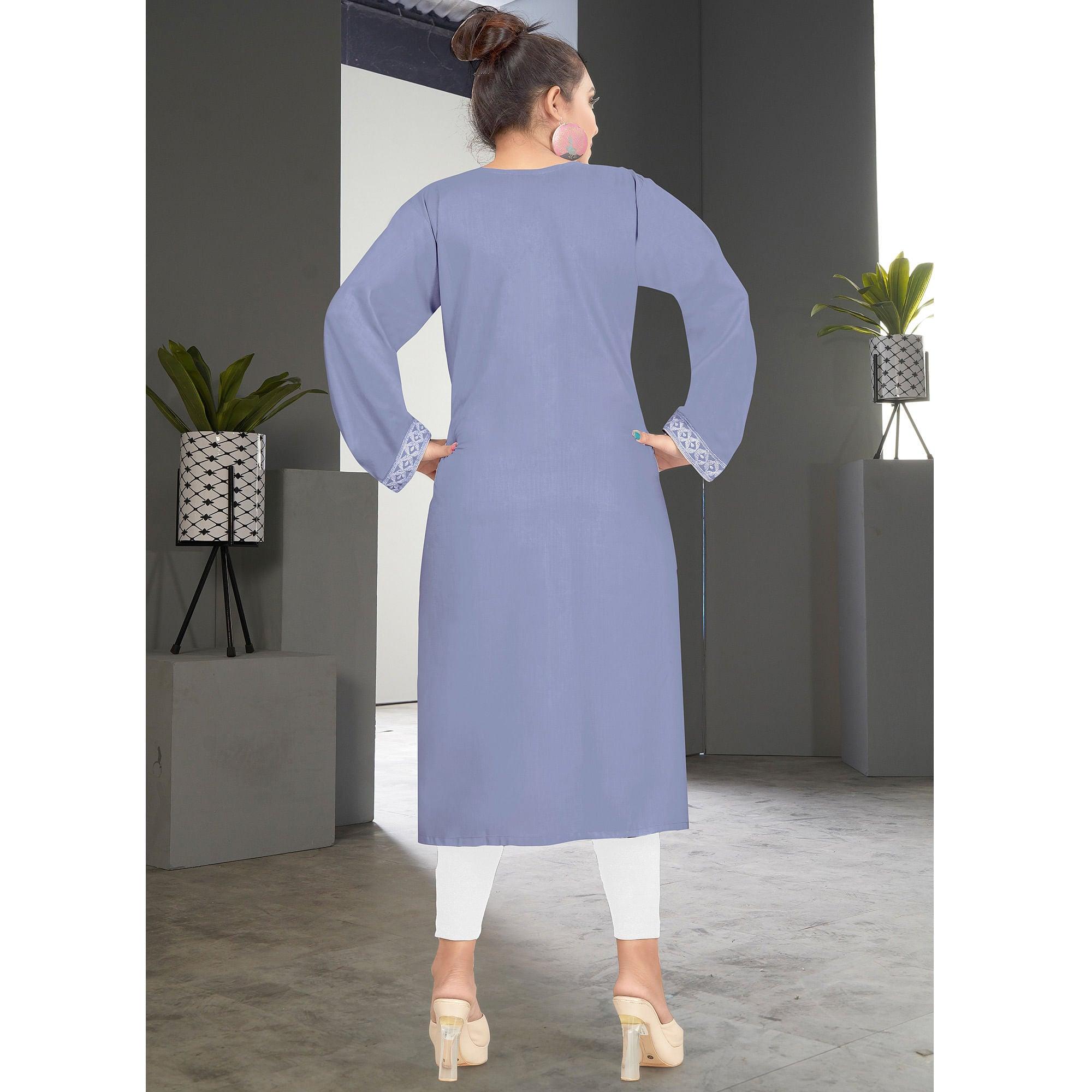 Peachmode Seller Captivating Lavendar Colored Casual Wear Embroidered Pure Rayon Viscose Kurti - view 2
