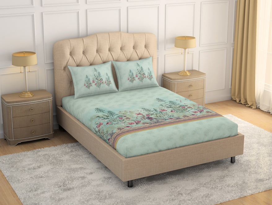 Spaces India Floral Clearly Aqua - Light Aqua 100% Cotton King Size Bedsheet - Romantica By Spaces - view 2