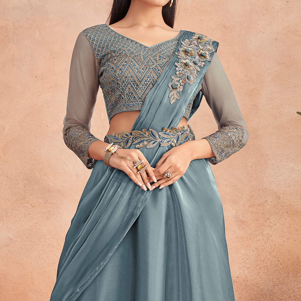 Peachmode Seller Grey Sequins Embroidered Ready to Wear Art Silk Saree - view 3