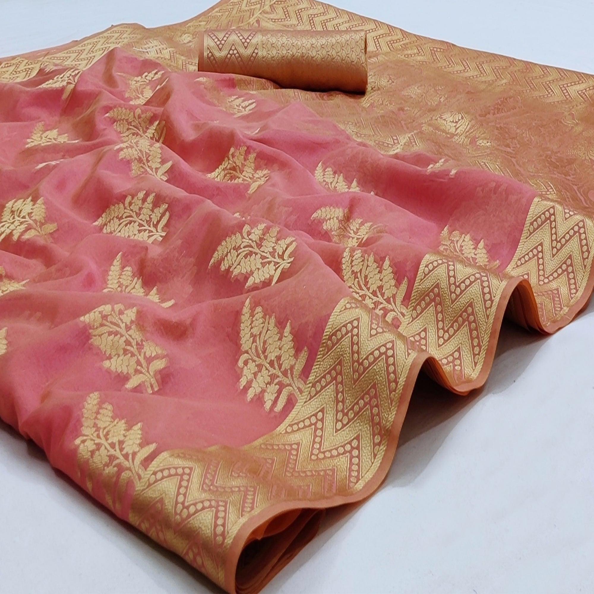Peachmode Gajri Pink Festive Wear Woven Soft Organza Saree