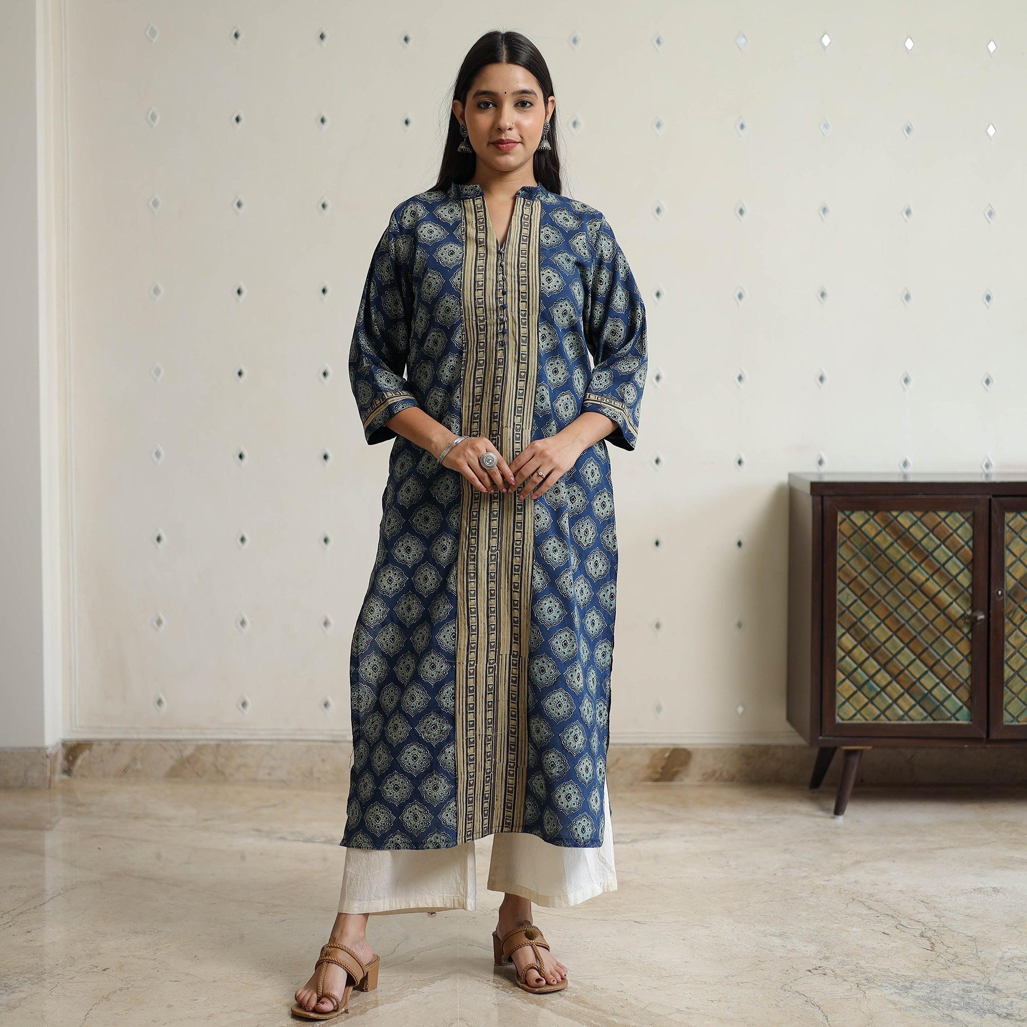 ITOKRI CASUALS Blue - Ajrakh Block Printed Cotton Straight Kurta with Patch 46 - view 7
